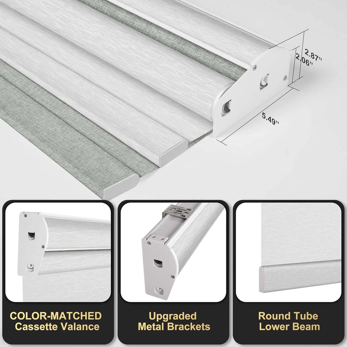 BERISSA Cordless Dual Roller Shades with Cassette Valance, Double Window Shades - Blackout and Light Filtering, Day and Night for Home Office Door. Linen Grey and White. 34 W x 64" H