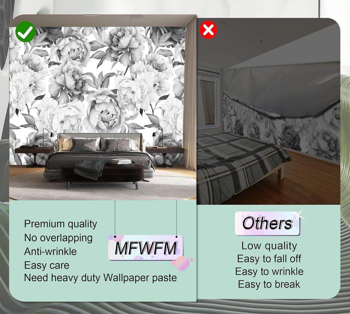 Gray Peonies Wallpaper Watercolor Floral Mural Wallpaper for Nursery(Not Peel n' Stick)