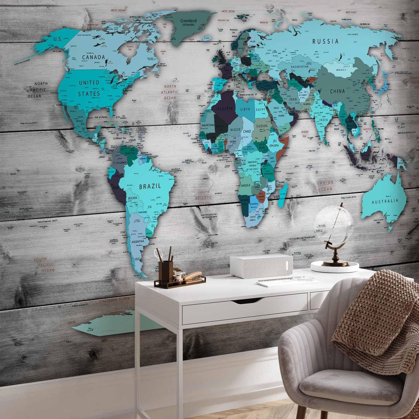 artgeist Premium Wall Mural World Map 157x110 in - XXL Non-Woven Wallpaper Fleece Wall Decor Photo Print Picture Image Design Home Map of The World k-B-0009-a-d