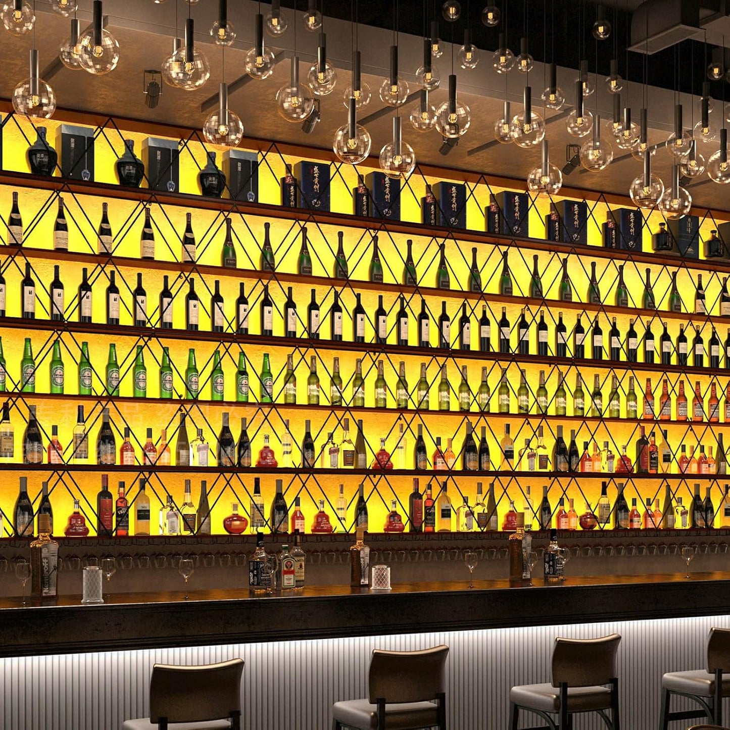 142in Wine Rack Wall Mount with Glass Holder, DIY Floating Wine Rack, Multi-Function Bar Wine Bottle Display Rack for Commercial Restaurants, Tea Rooms, Bars, Wine Cellars (black, 142in/360cm)