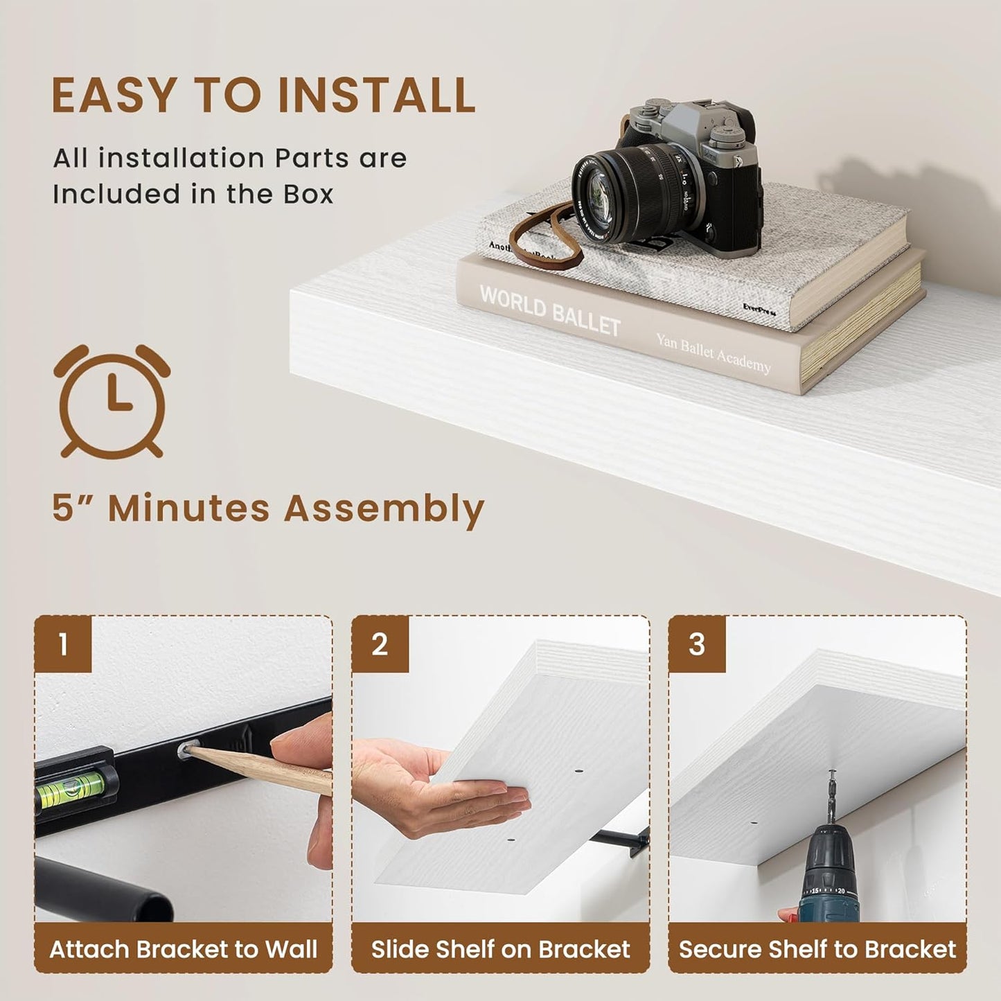 fuqing Floating Shelves for Wall, Bathroom Shelf Wall Mounted for Storage, Shelves with Invisible Bracket for Bedroom, Kitchen, Living Room, Farmhouse Small Book Shelf, 55 Inch Set of 2, White