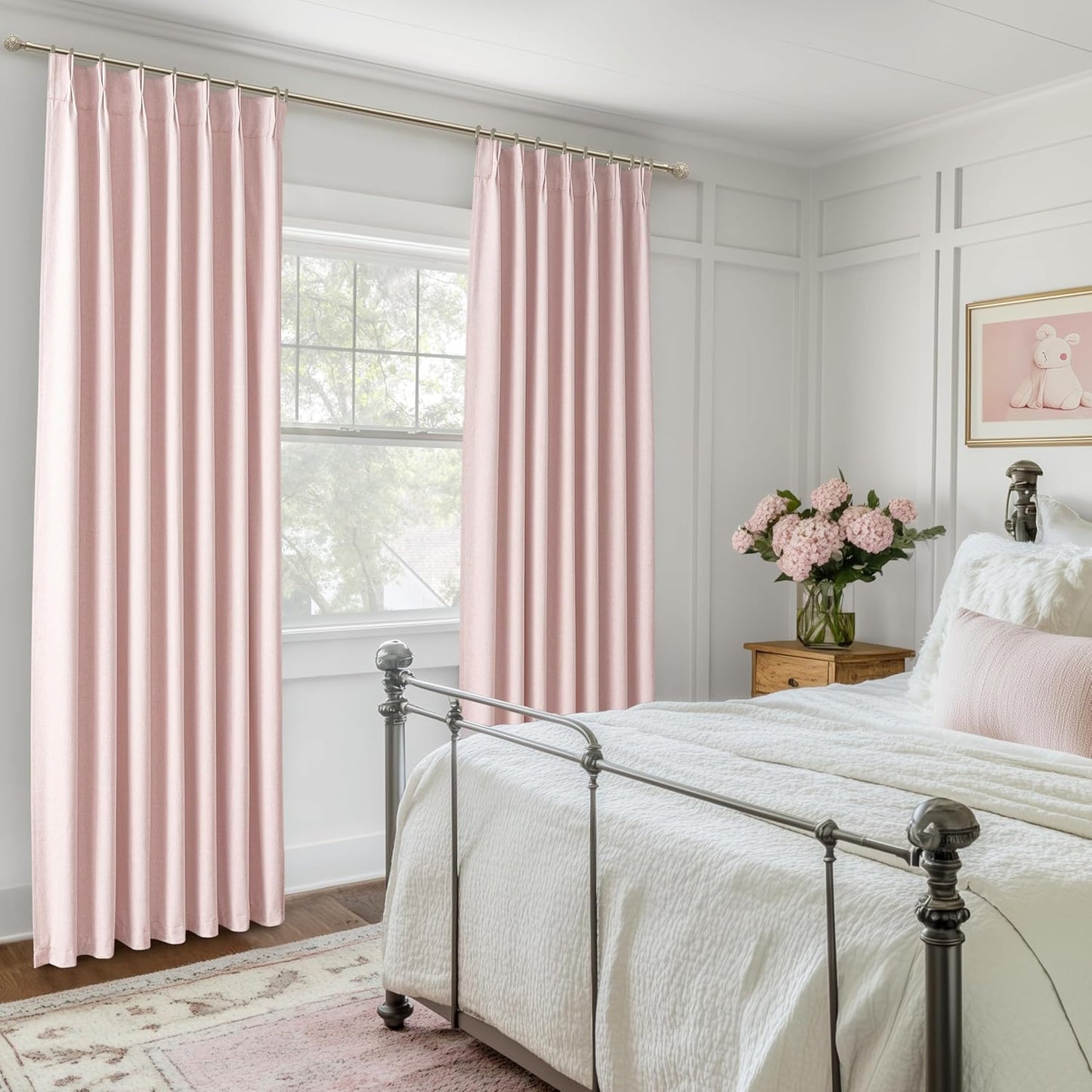 Baby Pink Black Out Curtains 92 Inch Long for Grils Bedroom 2 Panels Set, Cute Pinch Pleat Flax Linen Dining Room Darkening Window Drapes with Back Tab Insulated Soundproof Curtain (W40" x L92")
