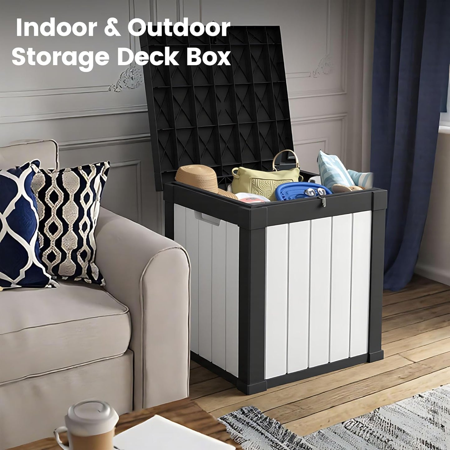 50 Gallon Storage Box, Waterproof Deck Box for Indoor & Outdoor Use, Lockable Pool Storage Bin for Package Delivery, Outdoor Bench for Patio Cushions, Garden Tools, Backyard, Black & White