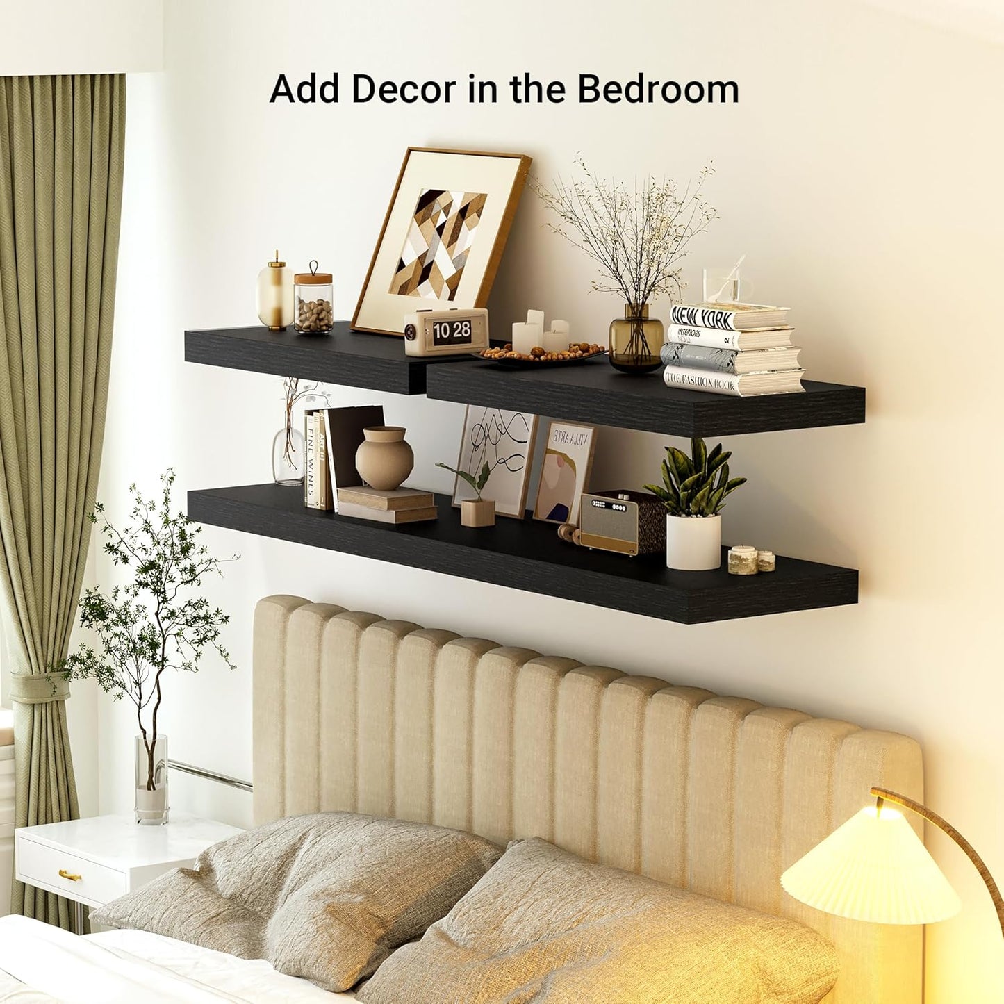 Heimlove 12 Inch Deep Floating Shelves, 55 x 12 inches Long Wall Shelf, Large Extra Display Shelf & Storage Shelf, Rustic Wood Wall Shelves for Fireplace Mantel, Set of 1(Black)