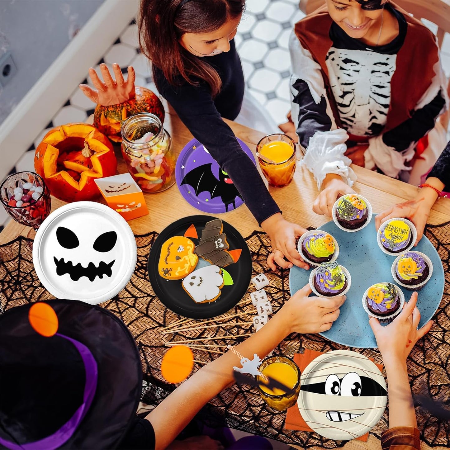 105PCS Halloween Paper Plates Ghosts Pumpkin Skull Spider Web Design for Halloween Party Decorations Supplies, Serves 30