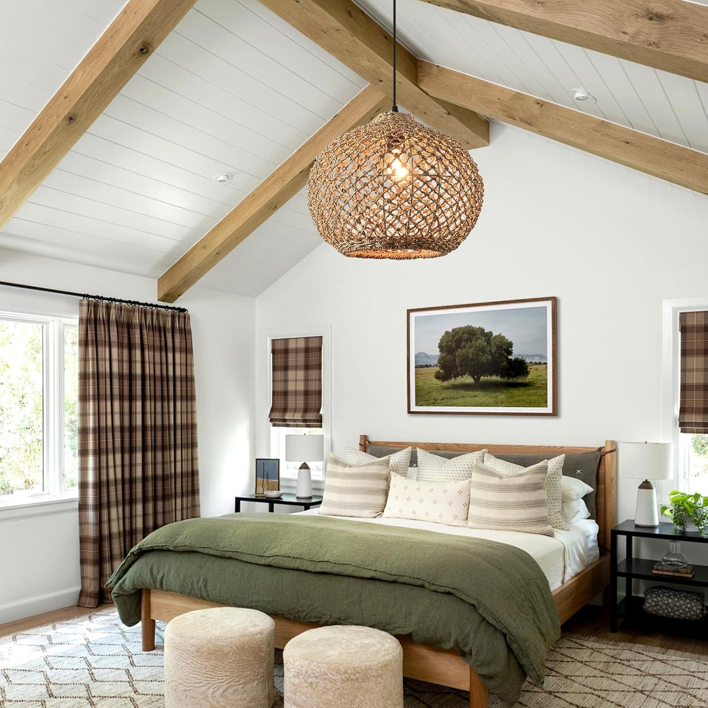 1-Pack 13.79” Rattan Pendant Light Fixture,1-Light Bohemian Handmade Woven Bamboo Wicker Suspension Farmhouse Chandelier for Kitchen Island Bedroom Living Room