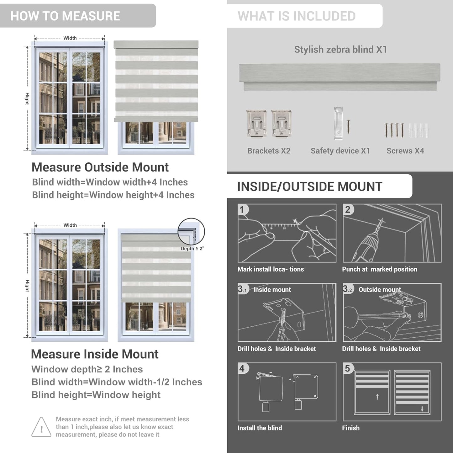 Cordless Zebra Blinds for Windows, Blackout Interior Blinds,Easy to Install,UV Protection,for Offices and Home,Custom Roller Shades, Mousse Light Grey,23" W x 56" H
