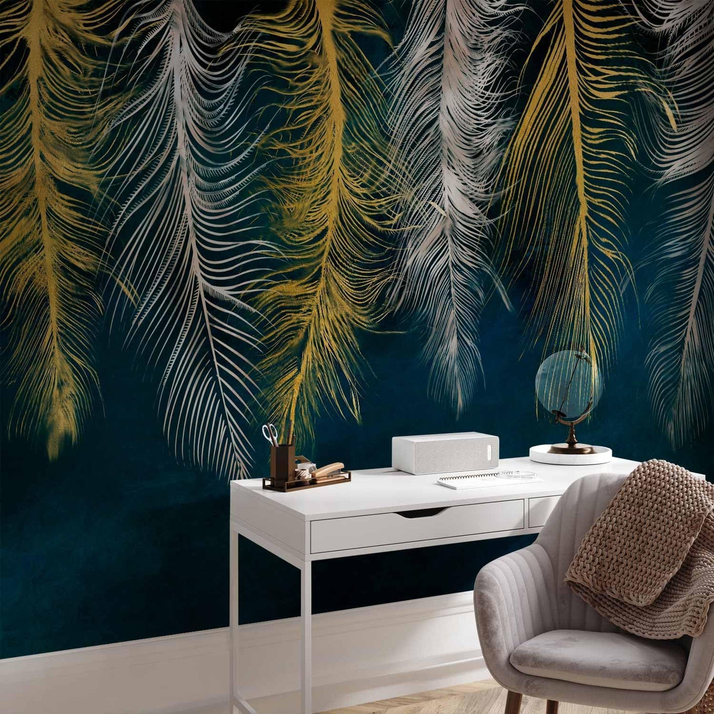 artgeist Wall Mural Feather 173x124 in - Peel and Stick Self-Adhesive Wallpaper Removable Large Sticker Foil Wall Decor Print Picture Image Design Abstract Beige Navy Blue b-A-0812-a-a