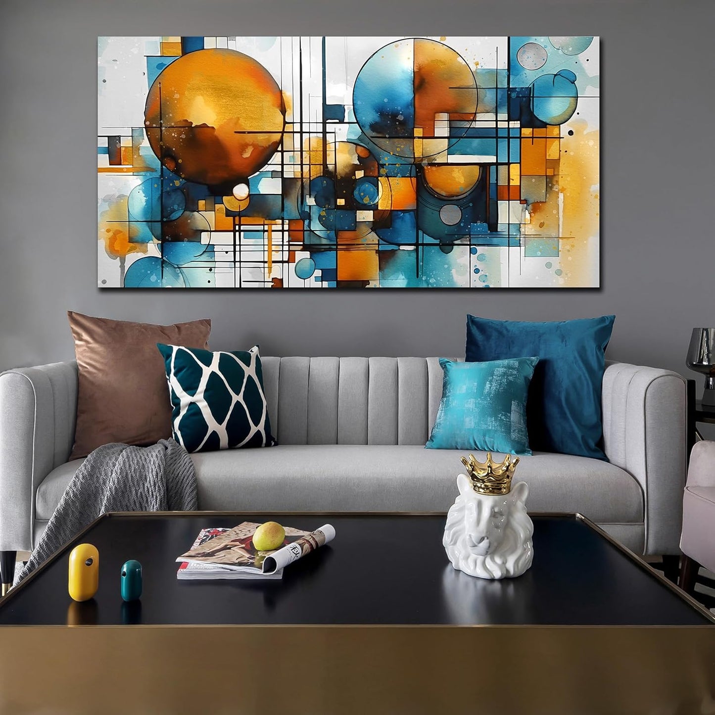 ENTANUB Abstract Wall Art for Living Room, Circle Canvas Wall Decor for Bedroom, Orange and Blue Print Paintings Artwork, Size 29x59 Inches