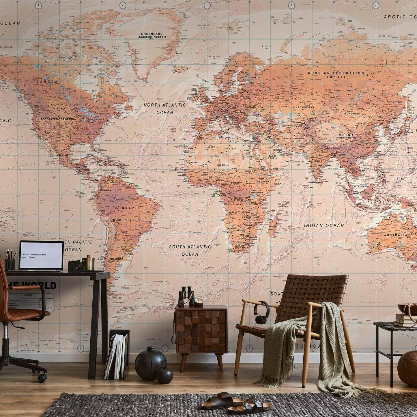 artgeist Premium Wall Mural World Map 138x101 in - XXL Non-Woven Wallpaper Fleece Wall Decor Photo Print Picture Image Design Home Map of The World k-A-0091-a-c