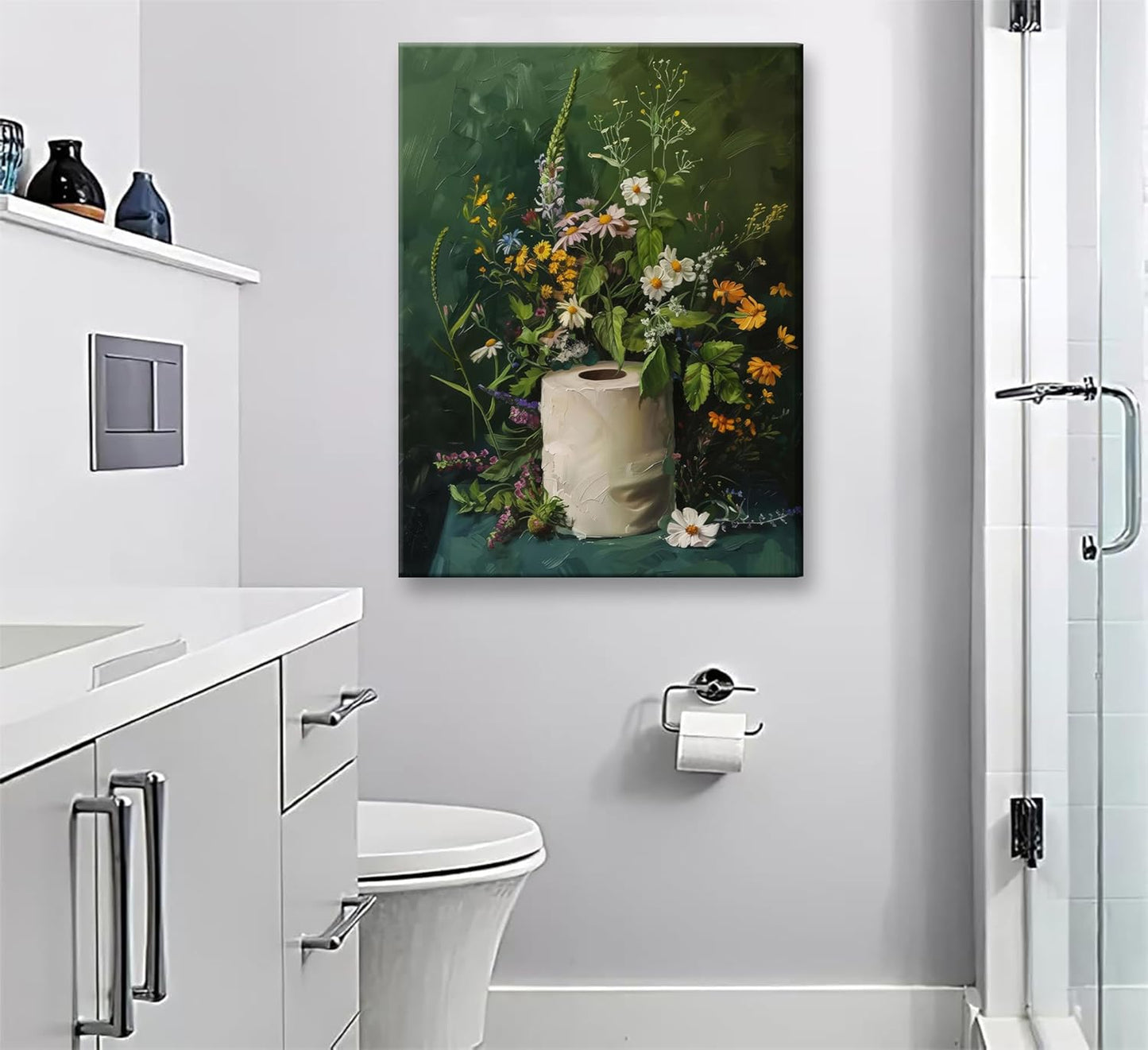 3Pcs Framed Vintage Dark Green Bathroom Wall Art Shower Toilet Paper Roll Floral Poster Print Modern Farmhouse plants Painting Picture Wall Decor For Bathroom Living Room Decoration