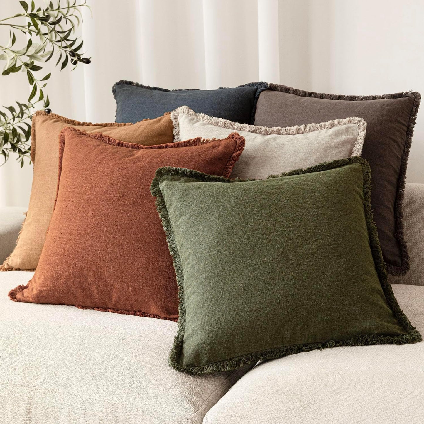 Foindtower Set of 2 Decorative Linen Fringe Throw Pillow Covers Cozy Boho Farmhouse Cushion Cover with Tassels Soft Accent Pillowcase for Couch Sofa Bed Living Room Home Decor,16×16 Inch,Orange Brown