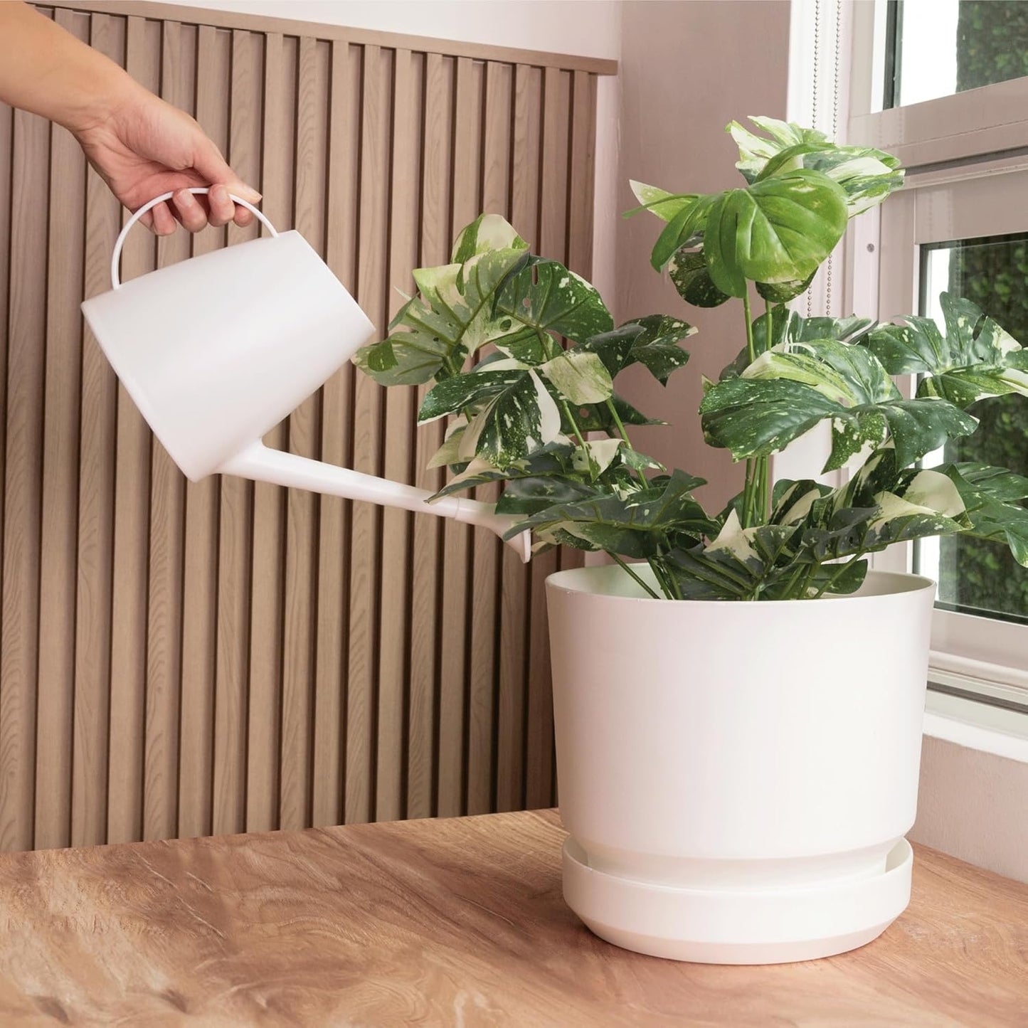 Elly Décor 12 inch Plastic Cylinder Planter Pot with Self-Watering Saucer and Drainage Hole,Lightweight & Extremely Durable, 12"x 12", White