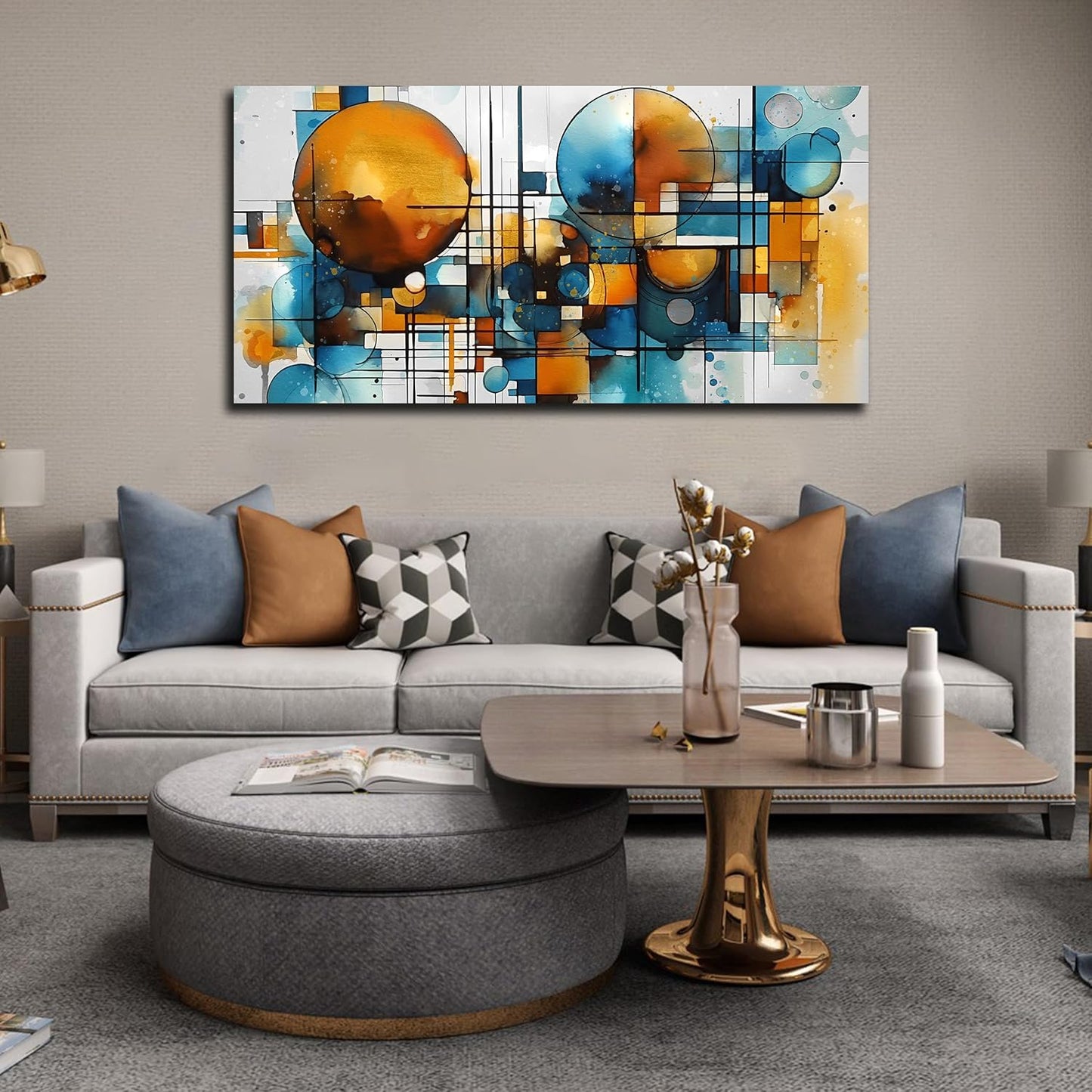 ENTANUB Abstract Canvas Wall Art for Living Room, Circle Wall Decor for Bedroom, Orange and Blue Print Paintings Artwork, Size 20x40 Inches