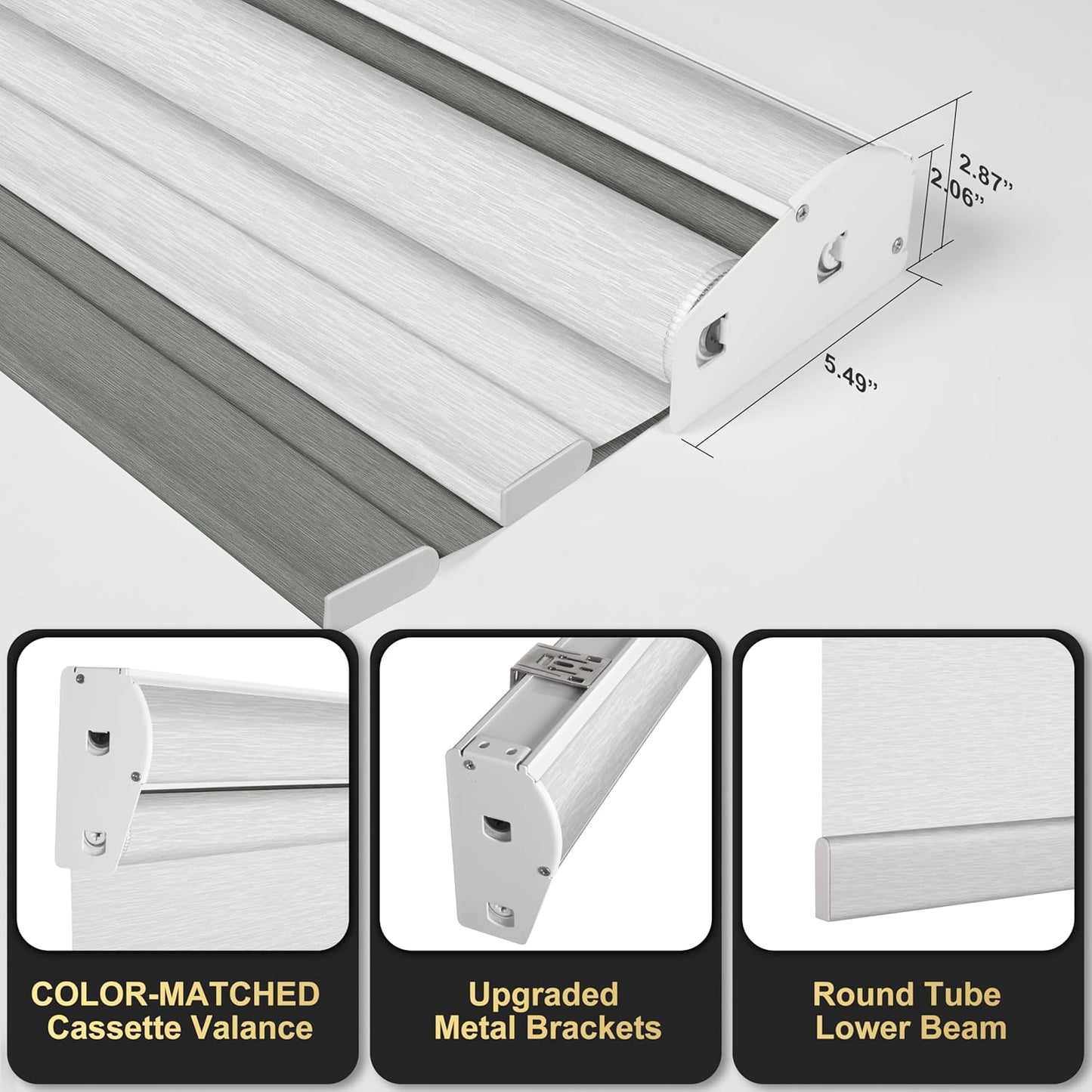 BERISSA Cordless Dual Roller Shades with Cassette Valance, Double Window Shades - Blackout and Light Filtering, Day and Night for Home Office Door. Grey and White. 67 W x 36" H