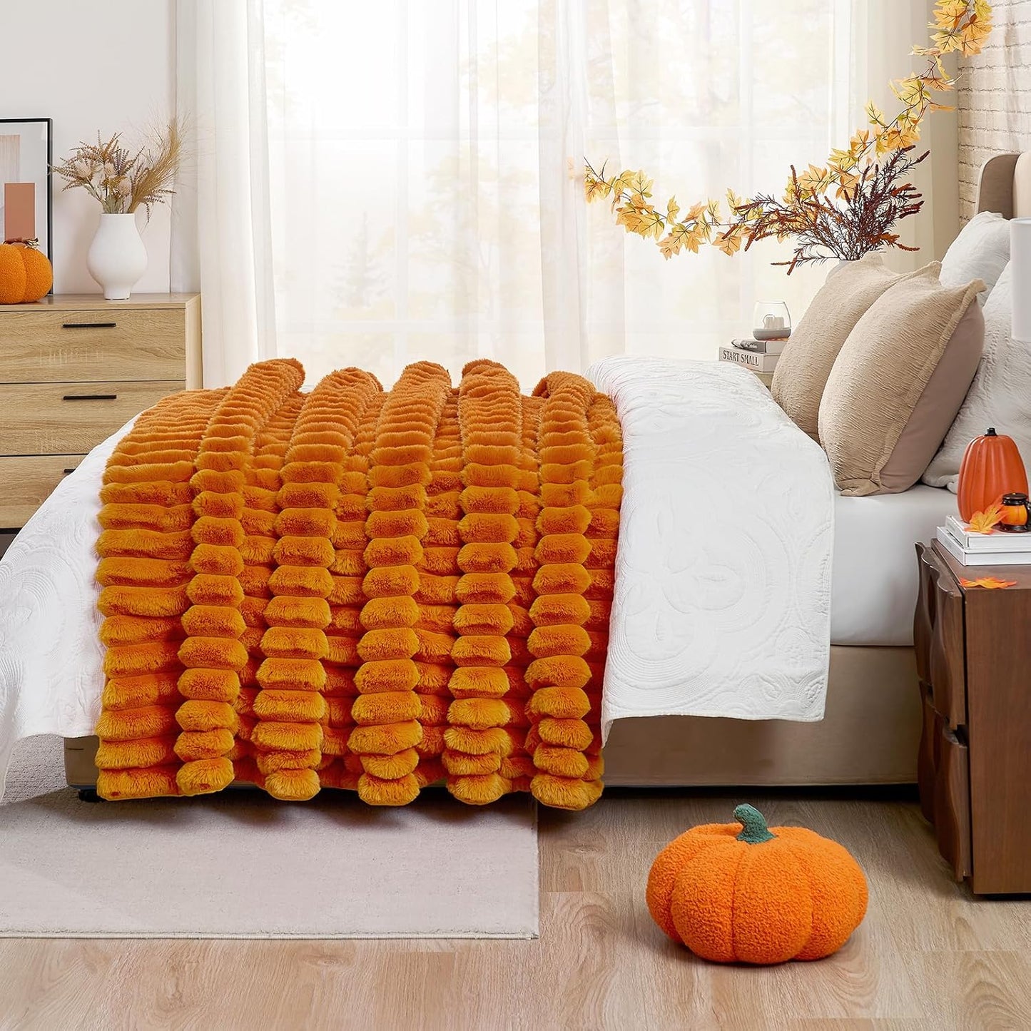 Cozy Bliss Fall Harvest Faux Fur Throw Blanket for Couch, Cozy Warm Plush Striped Blanket for for Decorating Couch Sofa Bedroom Living Room,50 * 60 Inches Burnt Orange