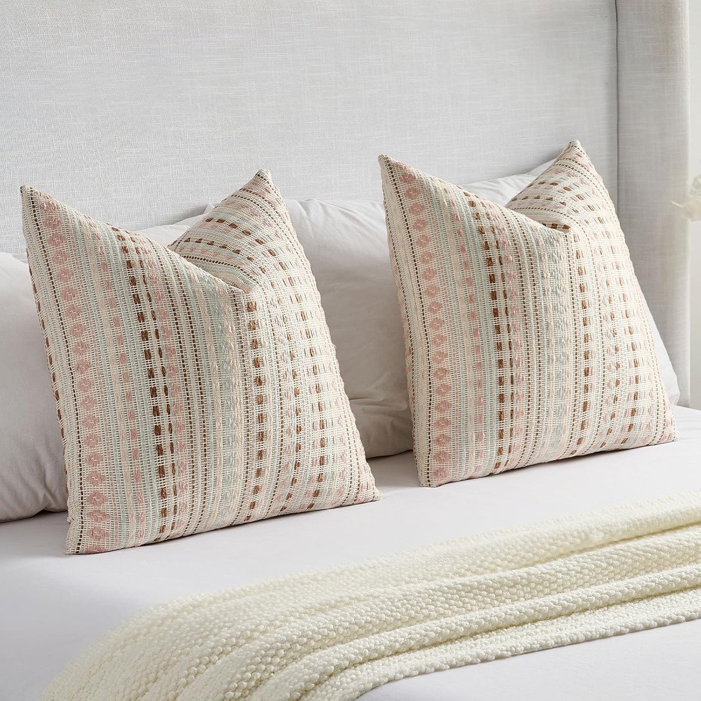 FUTEI Pink Blue Decorative Throw Pillow Covers 12x20 Inch Set of 2,Soft Cozy Chenille Jacquard Textured Pillow Case,Boho Home Decor for Couch Bed Living Room