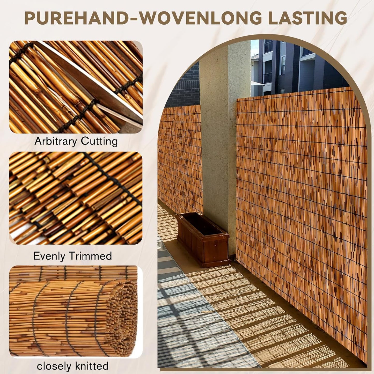 Bamboo Reed Fencing, Light Russet Bamboo Screens Outdoor for Patio, Decorative Balcony Privacy Screen Reed Fence Rolls Curtains for Garden Backyard, 3 x 6.6 FT