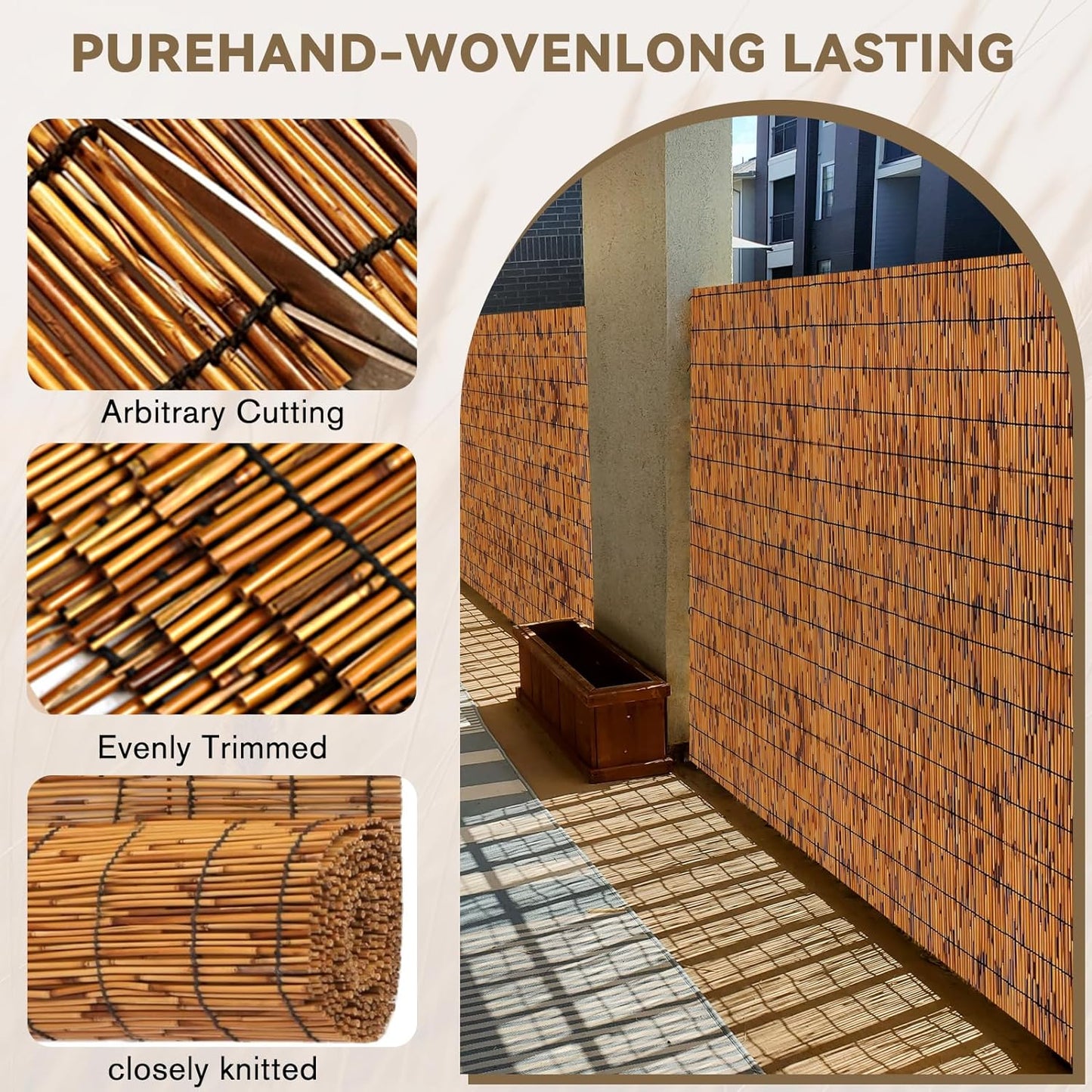 Bamboo Reed Fencing, Light Russet Bamboo Fence Rolls 3 Feet High, Decorative Reed Curtains Privacy Screen Outdoor for Patio Balcony Garden Backyard, 3 x 16 FT