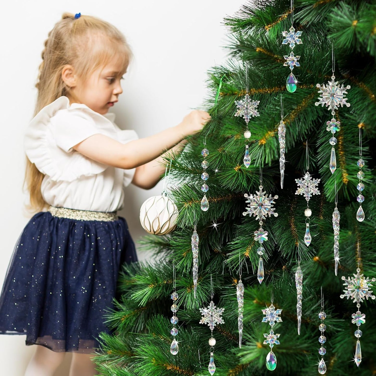 32pcs Christmas Decoration Crystal Ornaments - Iridescent Christmas Tree Ornaments Acrylic Snowflakes Drop Icicle Pendants Hanging Ornaments for Xmas Tree Winter Holiday Frozen Party Decorations