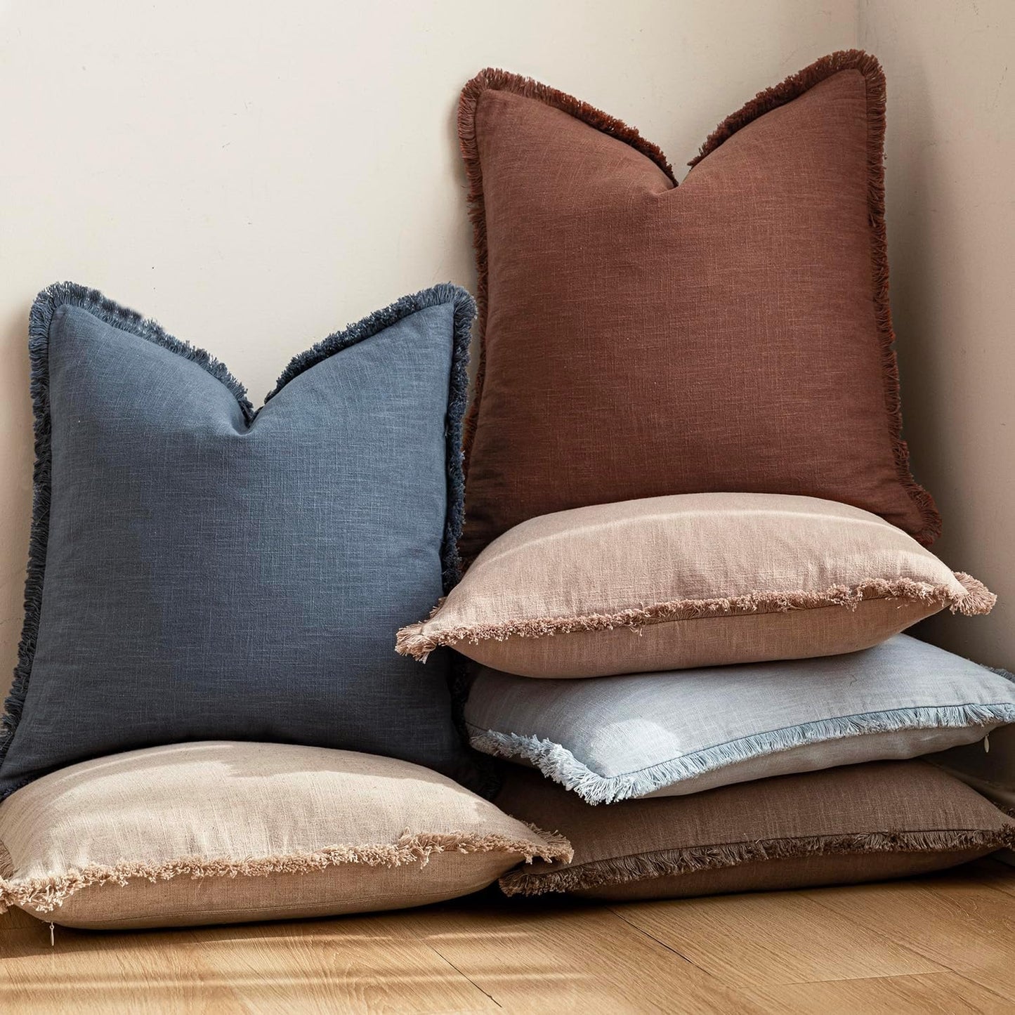 Foindtower Set of 2 Decorative Linen Fringe Lumbar Throw Pillow Covers Boho Farmhouse Cushion Cover with Tassels Soft Accent Pillowcase for Couch Sofa Bed Living Room Home Decor,12×20 Inch,Sky Blue