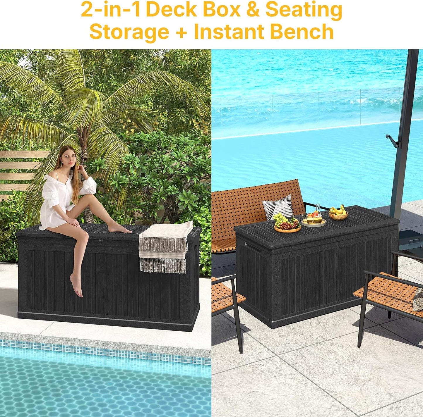 260 Gallon Deck Box Lockable, Outdoor Storage Box Waterproof and UV Resistant, Large Patio Storage Box with 1000 lbs Capacity, for Garden, Patio Furniture, Pool (Black)
