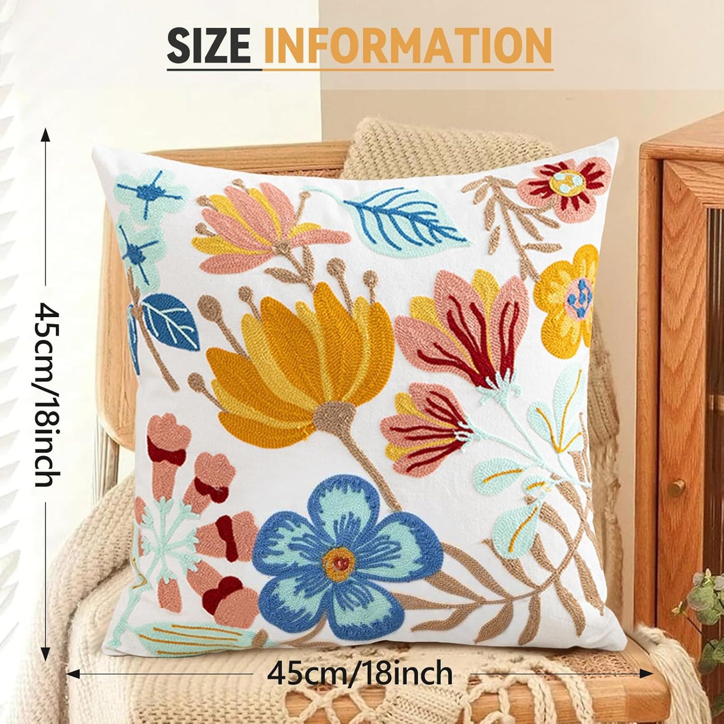 Embroidered Pillow Cover Colorful Farmhouse Floral Cushion Case Farmhouse Jacquard Throw Pillow Covers for Living Room Couch Vibrant Bloom