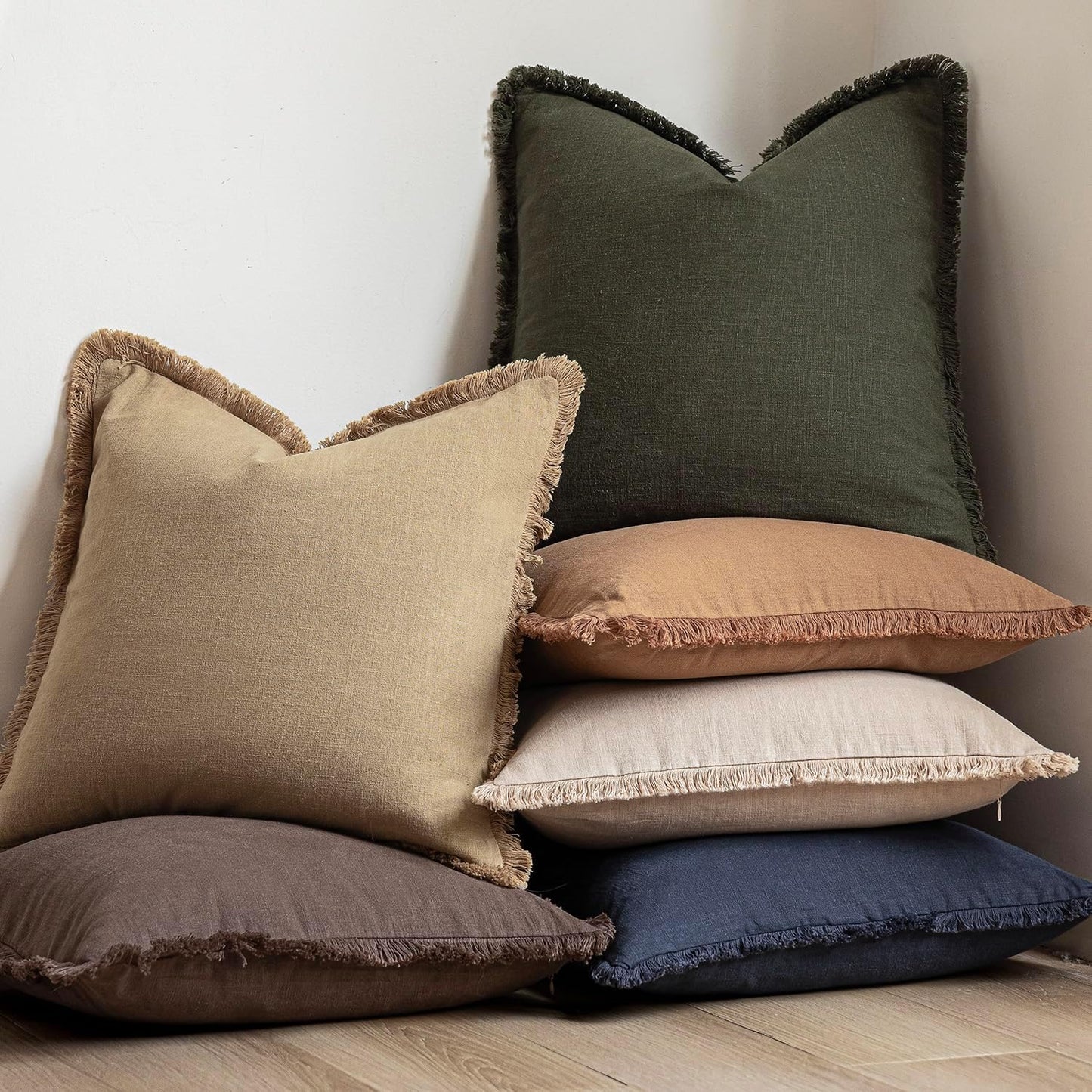 Foindtower Set of 2 Decorative Linen Fringe Throw Pillow Covers Boho Farmhouse Cushion Cover with Tassels Soft Accent Pillowcase for Couch Sofa Bed Living Room Home Decor,26×26 Inch,Light Khaki Taupe