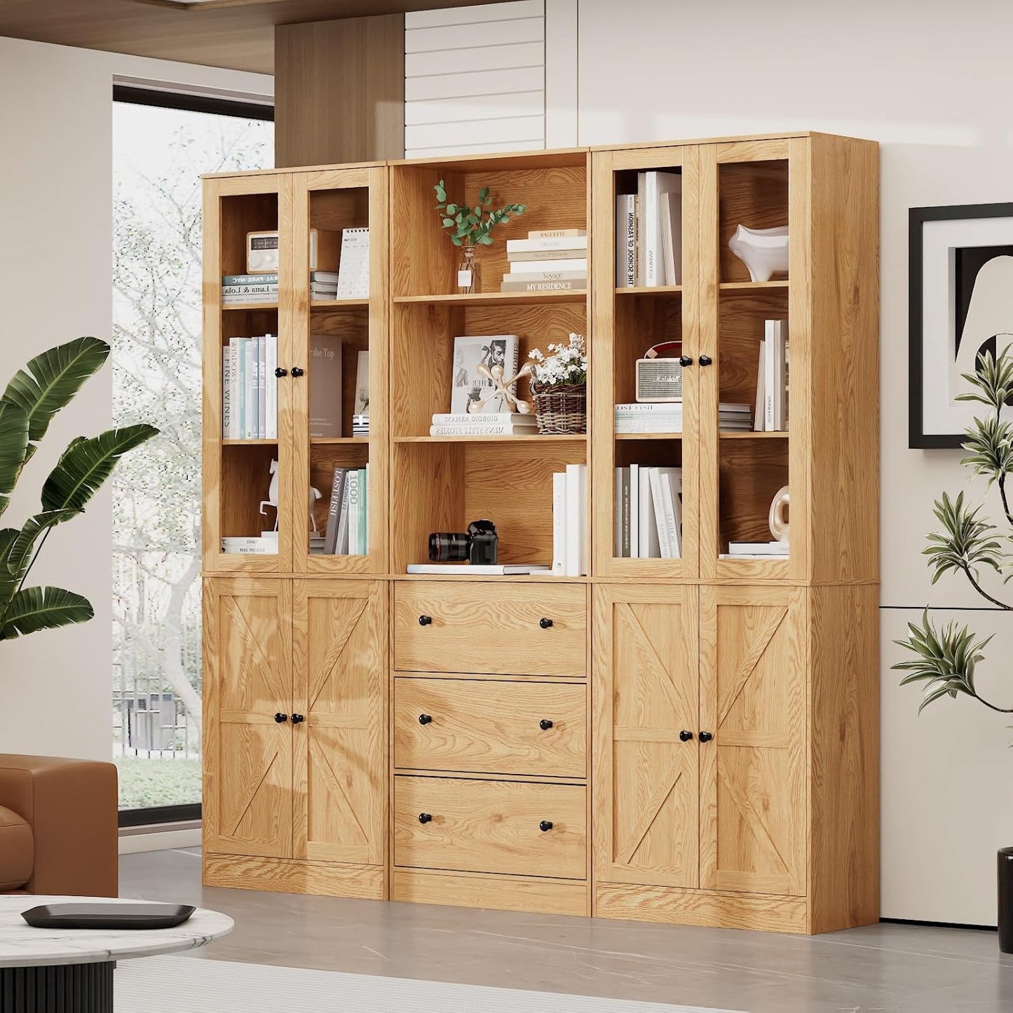 71" Tall Bookshelves Set of 3, 1 Bookcase with Drawers & 2 Bookshelves with Doors, Wooden Floor Standing Display Storage Shelves for Home Office, Living Room