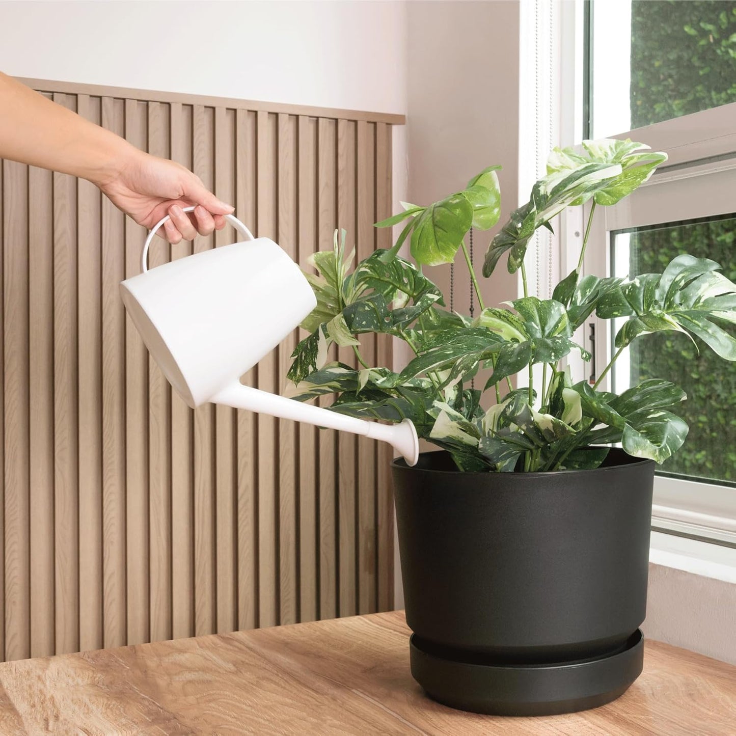 Elly Décor 14 inch Plastic Cylinder Planter Pot with Self-Watering Saucer and Drainage Hole,Lightweight & Extremely Durable, 14"x 14", Black