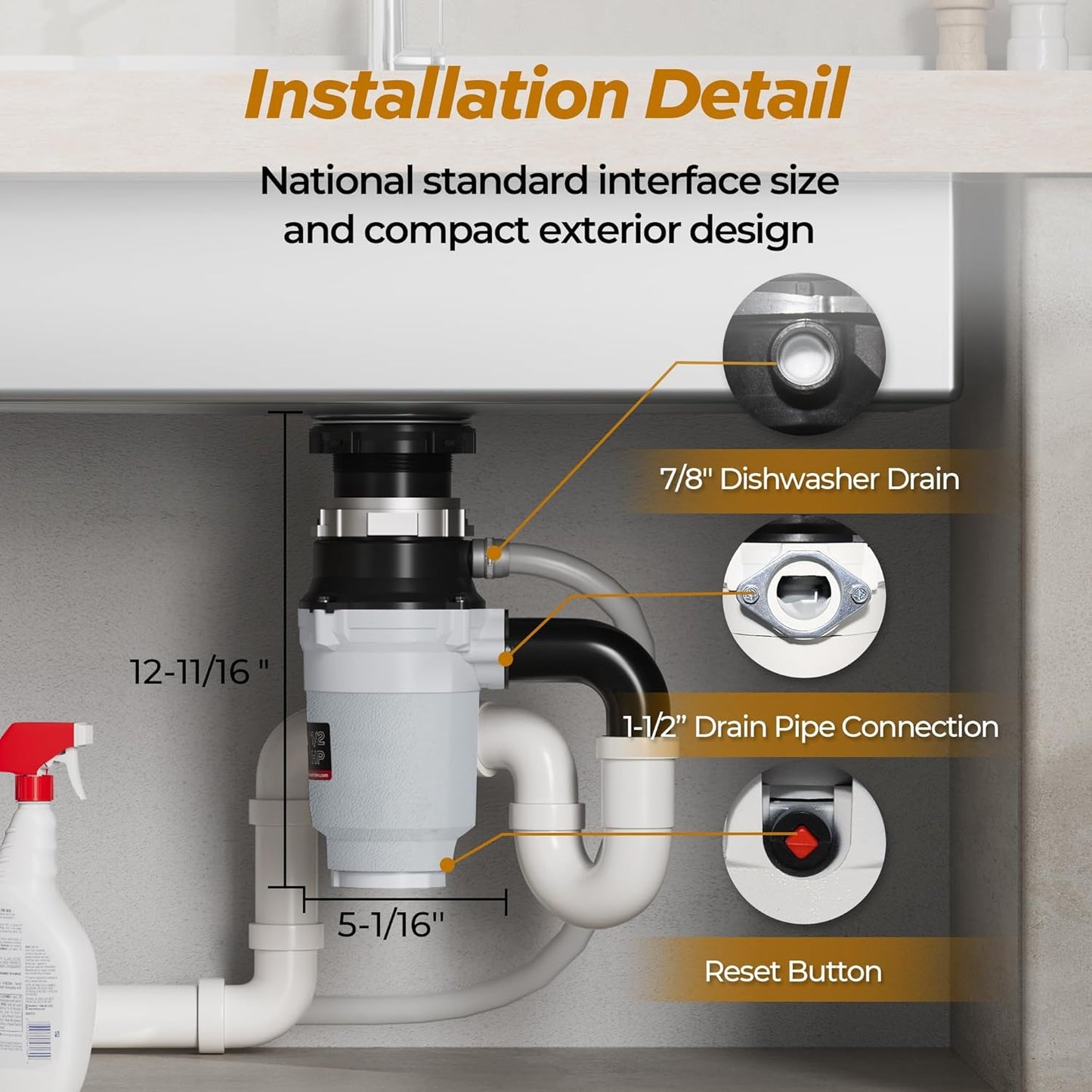 1/2 HP Garbage Disposals, TECASA Continuous Feed, Stainless Steel Food Waste Grinding System for Kitchen Sink Food Waste, Power Cord Included, UL Certified - HyperCrush 50