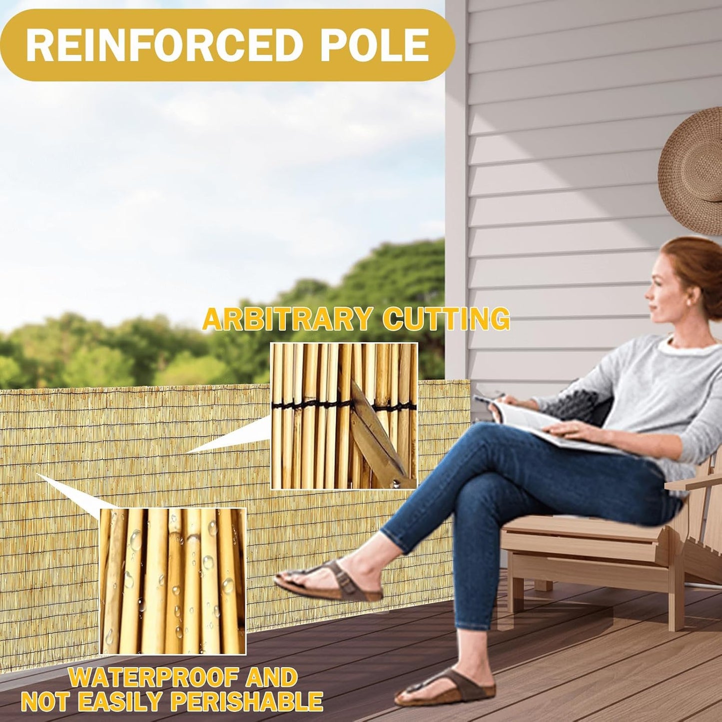 Bamboo Reed Fencing, Natural Bamboo Fence Rolls 6 Feet High, Decorative Privacy Screen Reed Curtains for Patio Balcony Garden Backyard Outdoor, 6 x 16 FT