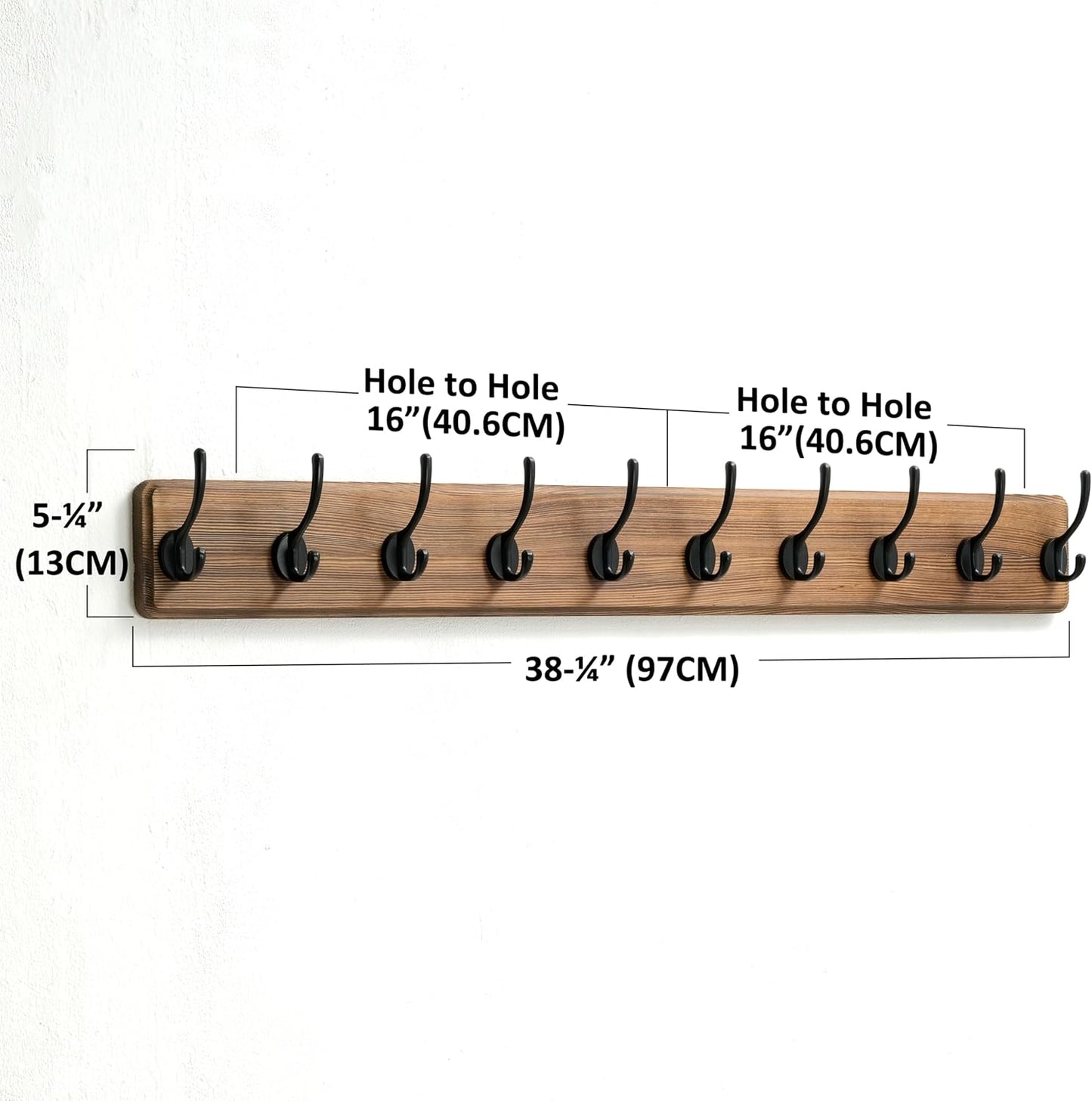Dseap Wall Mounted Coat Rack: 38-1/4" Long, Patented, Heavy-Duty, 10-Double-Hooks Wooden Hanger Rail for Winter Coats, Hats, Jackets, Clothing - Natural & Black, Pack of 2
