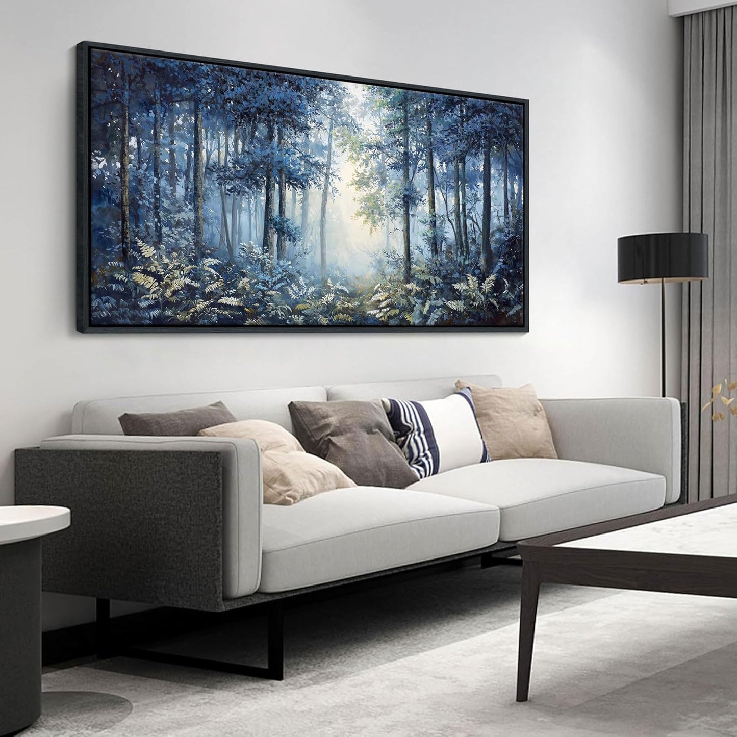 Forest Canvas Wall Art for Living Room - Navy Blue Bedroom Wall Art, Landscape Pictures Wall Decor, Forest Painting, Framed Nature Tree Artwork Walls 24×48IN