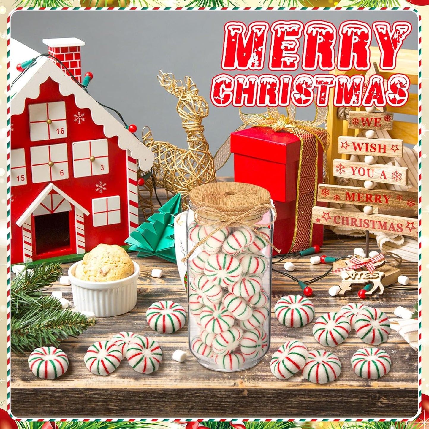 36 Pcs Felt Peppermint Decoration Christmas Wool Peppermints Christmas Arts Crafts Supplies, DIY Garland for Tree Home Vase Filler Decoration(Green)