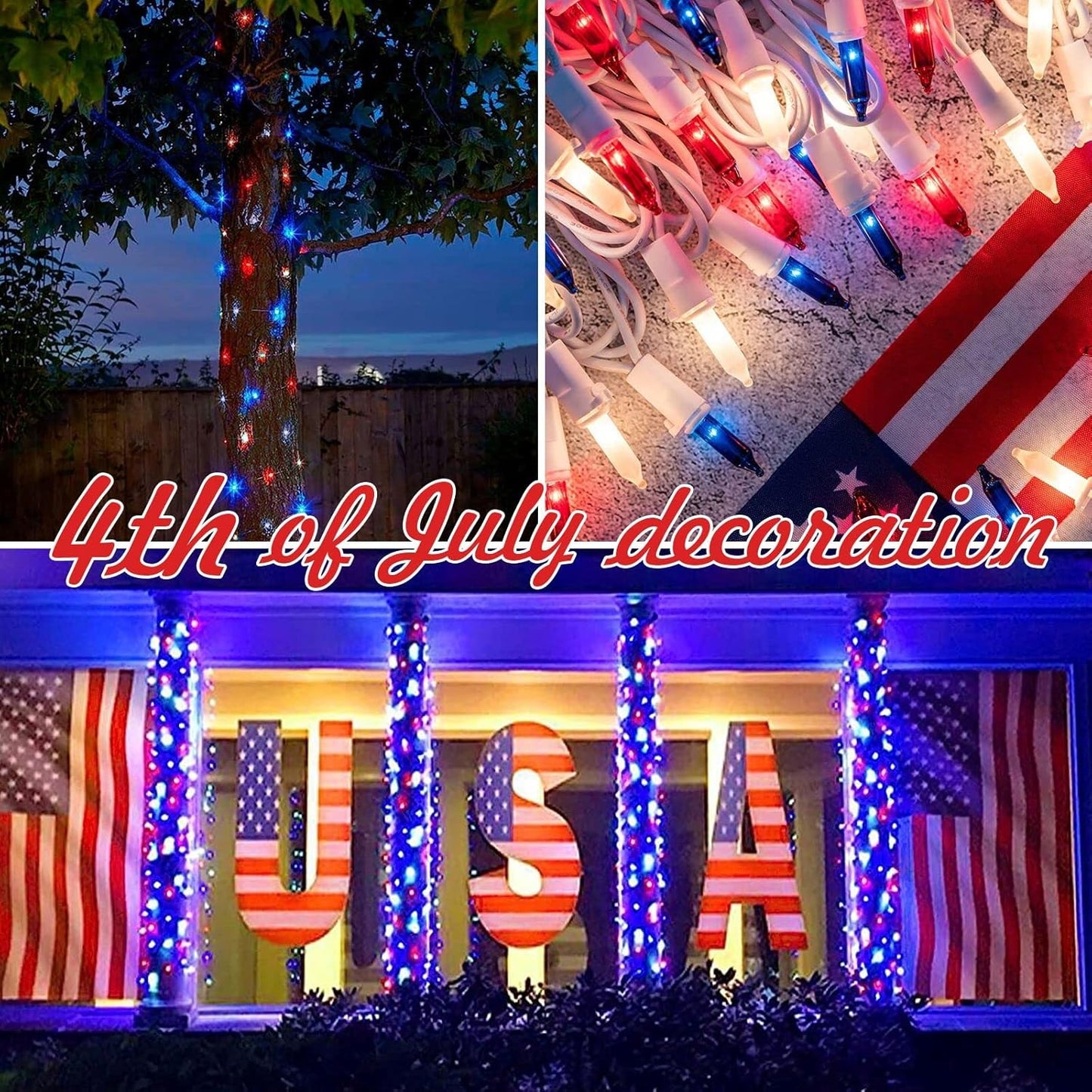 100LIGHTS RED White and Blue Extra-Bright with End Connectors 4th July Decoration Patriotic Mini String Lights 5.98m UL Certified Waterproof for Home Garden Holiday Tree Party Patio