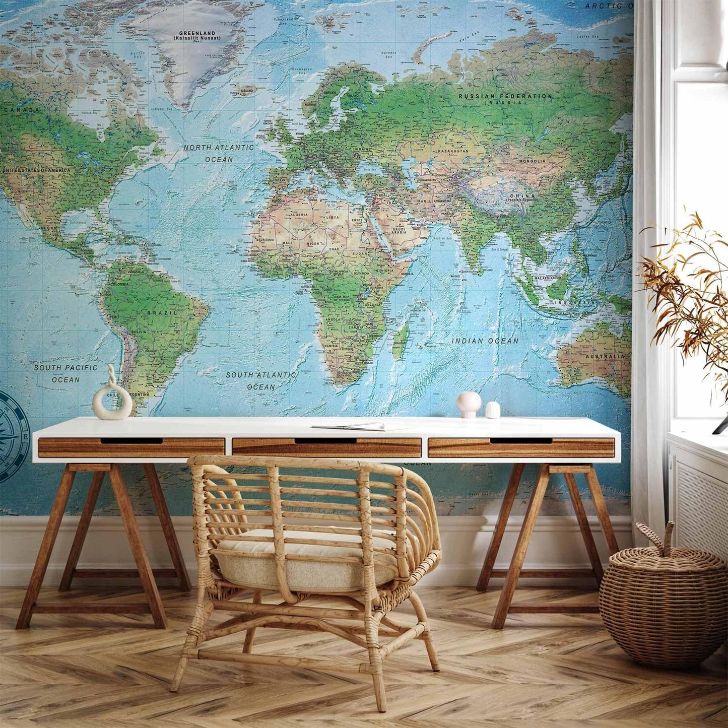 artgeist Premium Wall Mural World Map 177x124 in - XXL Non-Woven Wallpaper Fleece Wall Decor Photo Print Picture Image Design Home Map of The World k-A-0127-a-a
