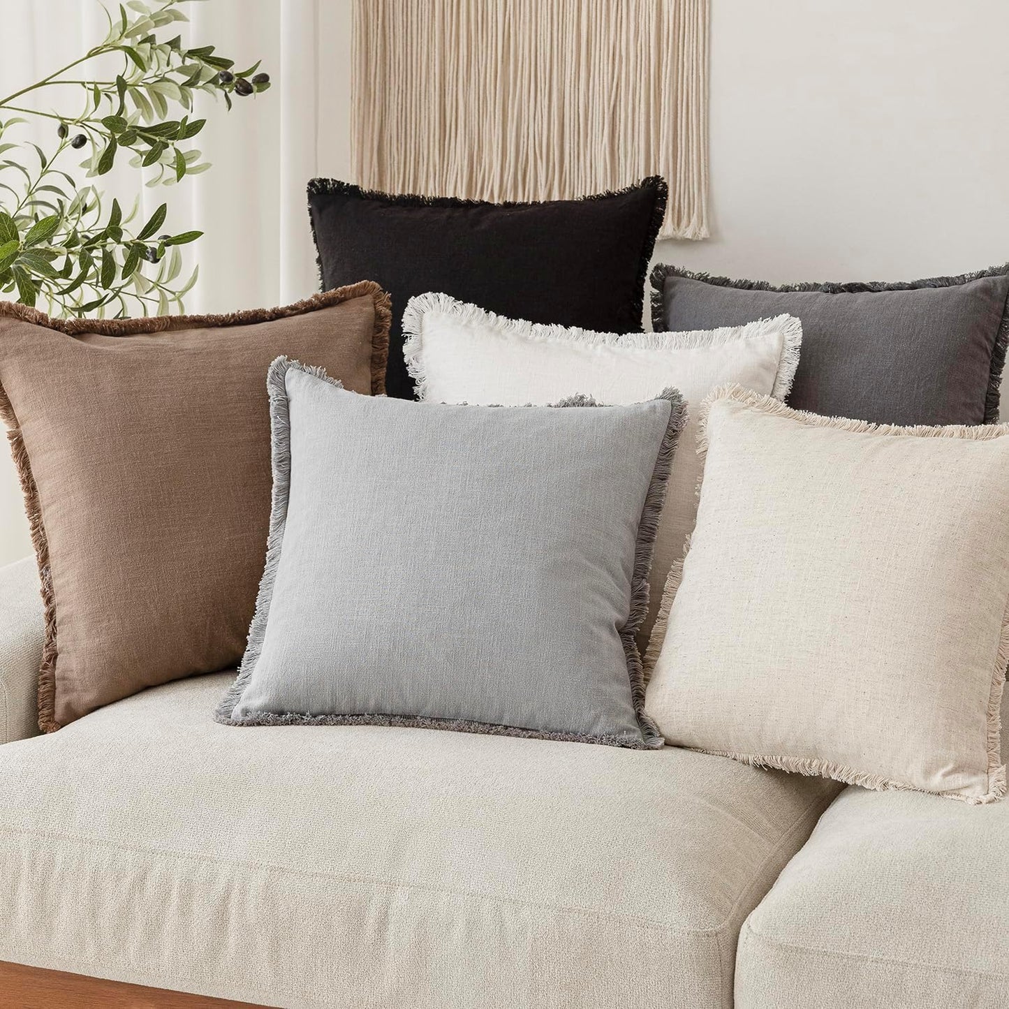 Foindtower Set of 2 Decorative Linen Fringe Throw Pillow Covers Cozy Farmhouse Cushion Cover with Tassels Accent Pillowcase for Couch Bed Living Room Home Bedroom Decor,12×24 Inch,Light Rustic Gray