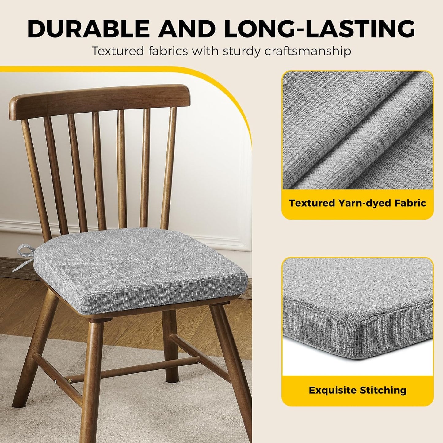 downluxe Indoor Chair Cushions for Dining Chairs, Soft and Comfortable Textured Foam Kitchen Chair Pads with Ties and Non-Slip Backing, 16" x 16" x 2", Light Grey, 2 Pack