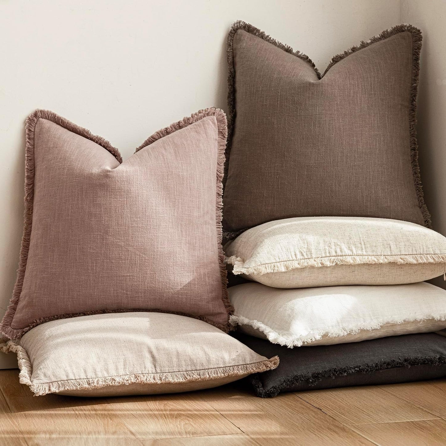 Foindtower Set of 2 Decorative Linen Fringe Throw Pillow Covers Boho Farmhouse Cushion Cover with Tassels Soft Accent Pillowcase for Couch Sofa Bed Living Room Home Decor,16×16 Inch,Dusty Pink