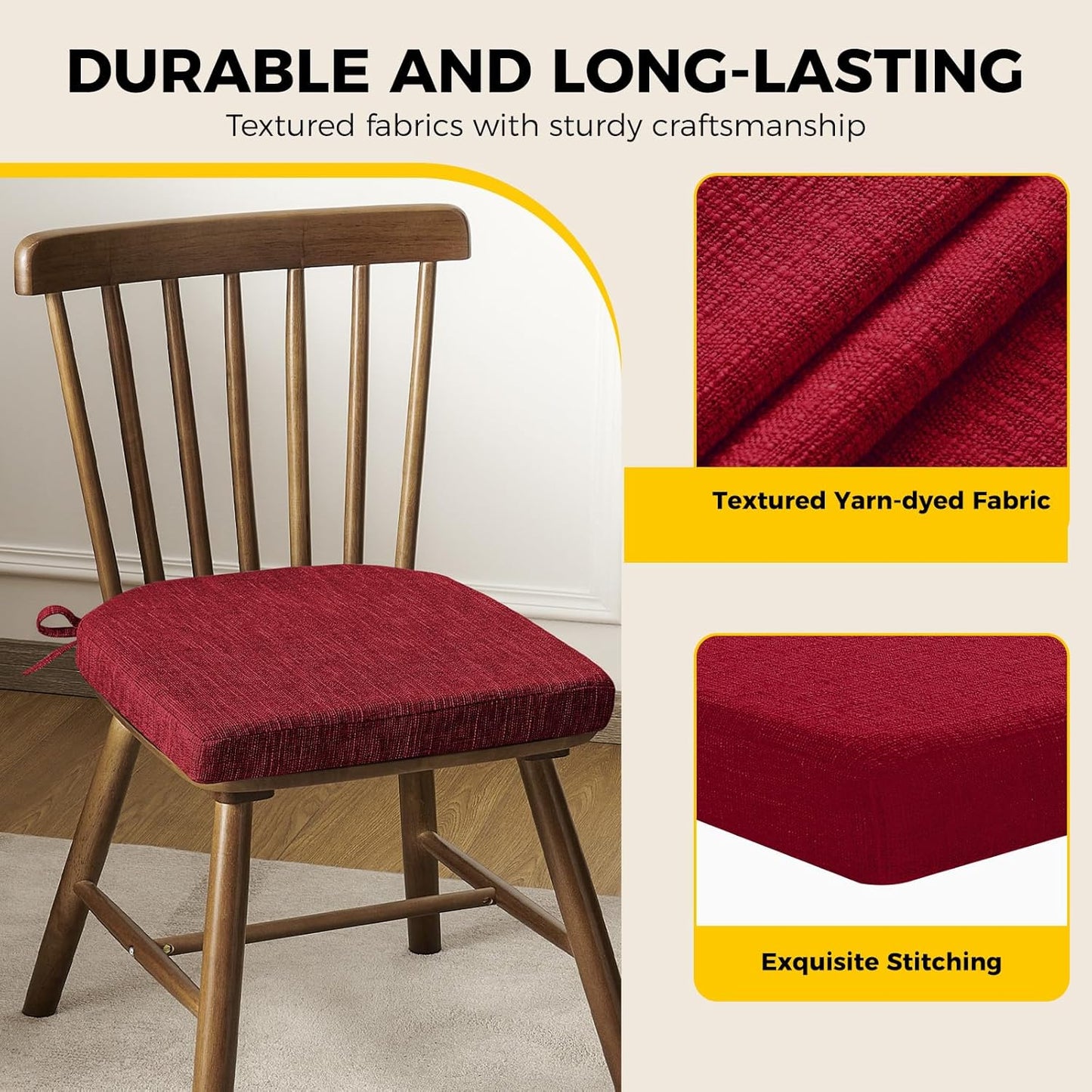 downluxe Indoor Chair Cushions for Dining Chairs, Soft and Comfortable Textured Foam Kitchen Chair Pads with Ties and Non-Slip Backing, 16" x 16" x 2", Red, 6 Pack