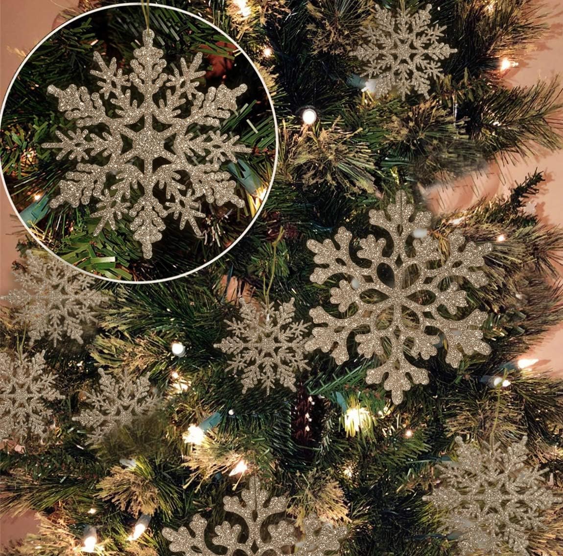 36pcs Christmas Champagne Gold Snowflake Ornaments Plastic Glitter Snow Flakes Ornaments for Winter Christmas Tree Decorations Size Varies Craft Snowflakes