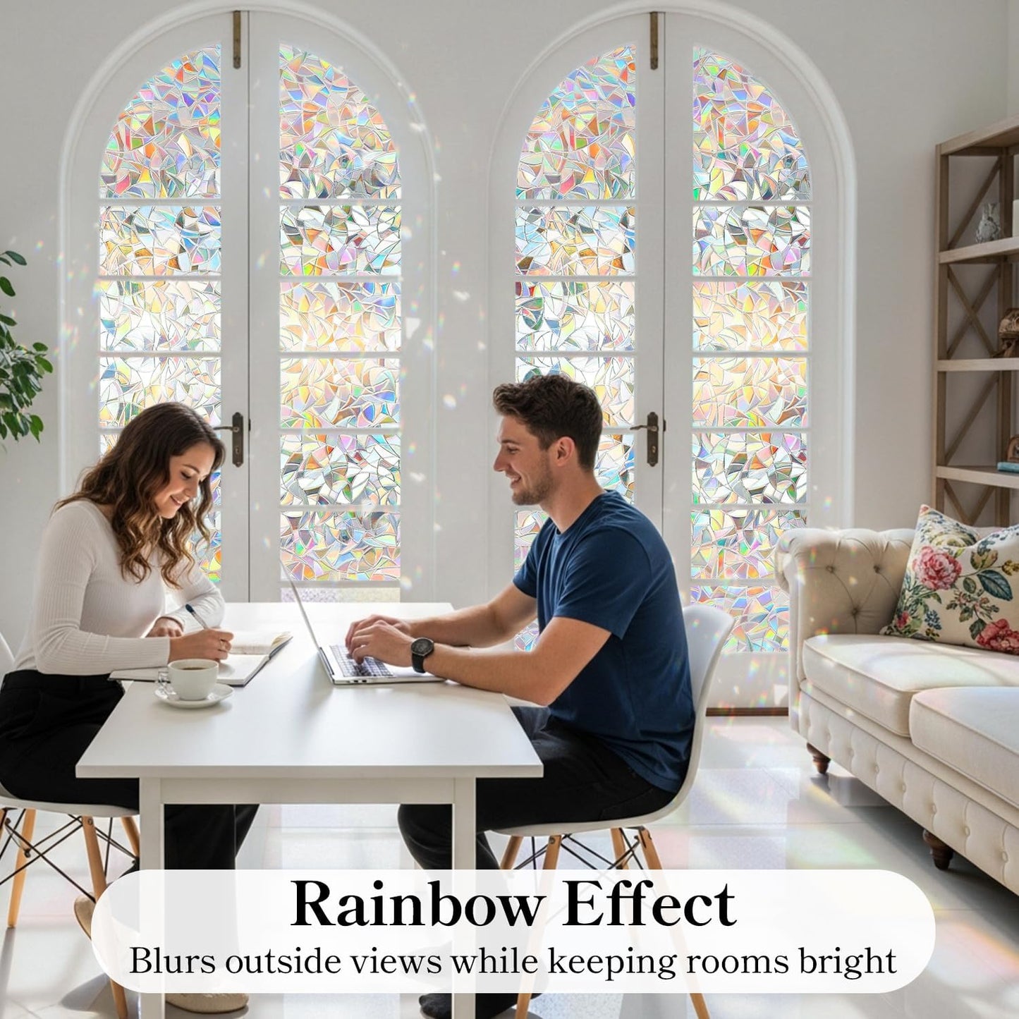 DUOFIRE Window Privacy Film, Rainbow Window Clings for Glass Windows, Stained Glass Film Decorative, 3D Decals Cover, Suncatcher Static Cling Sticker for Home, 35.4 x 78.7 inch