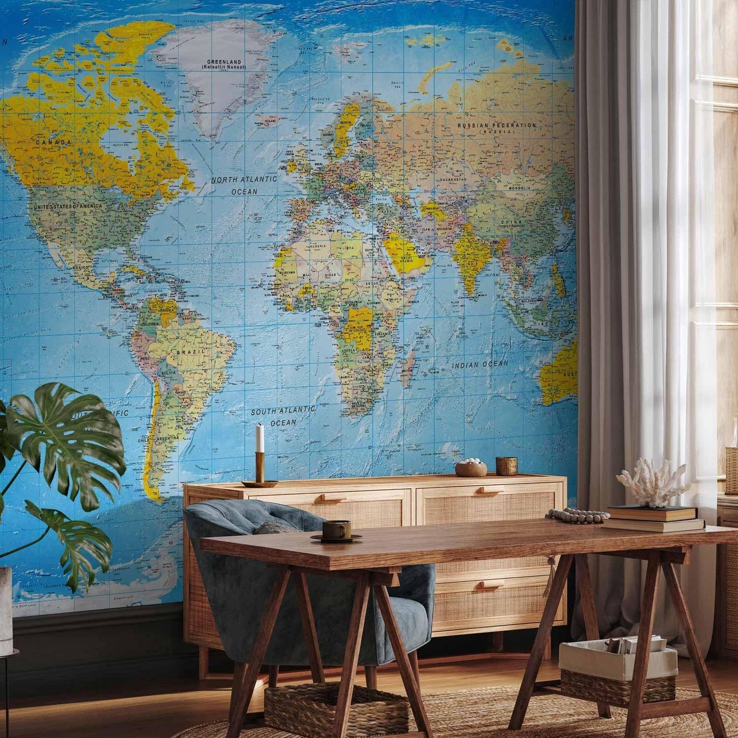 artgeist Premium Wall Mural World Map 118x83 in - XXL Non-Woven Wallpaper Fleece Wall Decor Photo Print Picture Image Design Home Map of The World k-A-0109-a-a