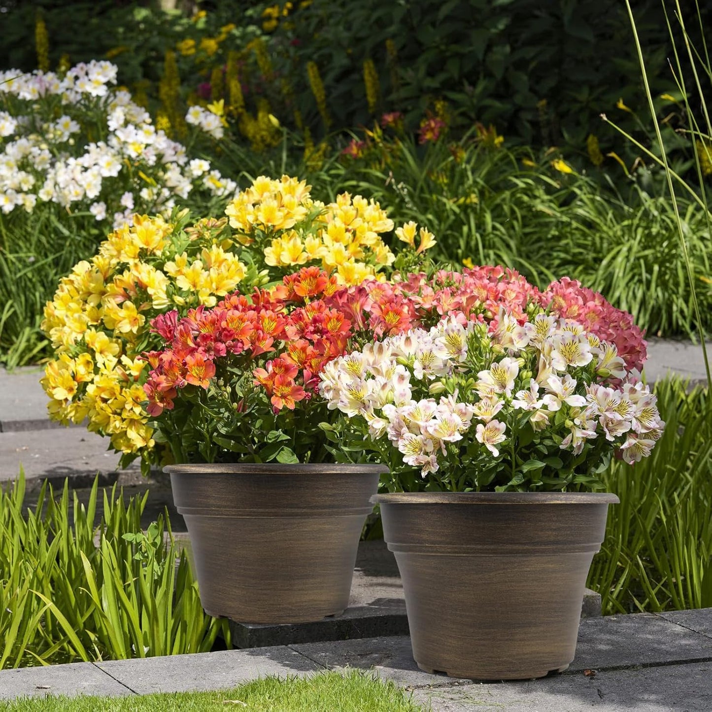 16 inch Plant Pots Outdoor Planters,4 Pack Large Plastic Flower Pot for Indoor Plants with Drainage Holes & Saucer, Resin Decorative Container Sets with Trays for House Outdoor Garden Plant Dark Gold