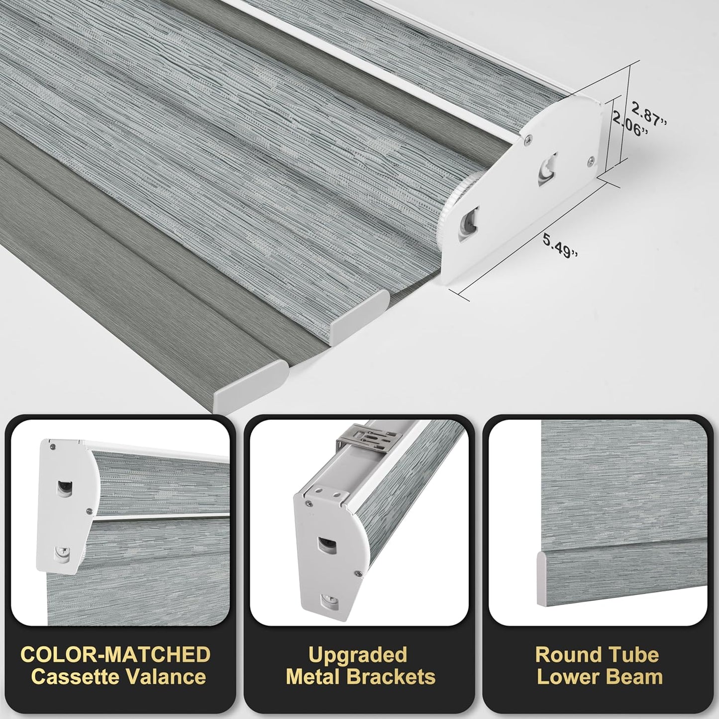 BERISSA Cordless Dual Roller Shades With Cassette Valance, Blackout and Light Filtering, Day and Night for Home Office Door - Striped Jacquard Grey, 44 W x 48" H