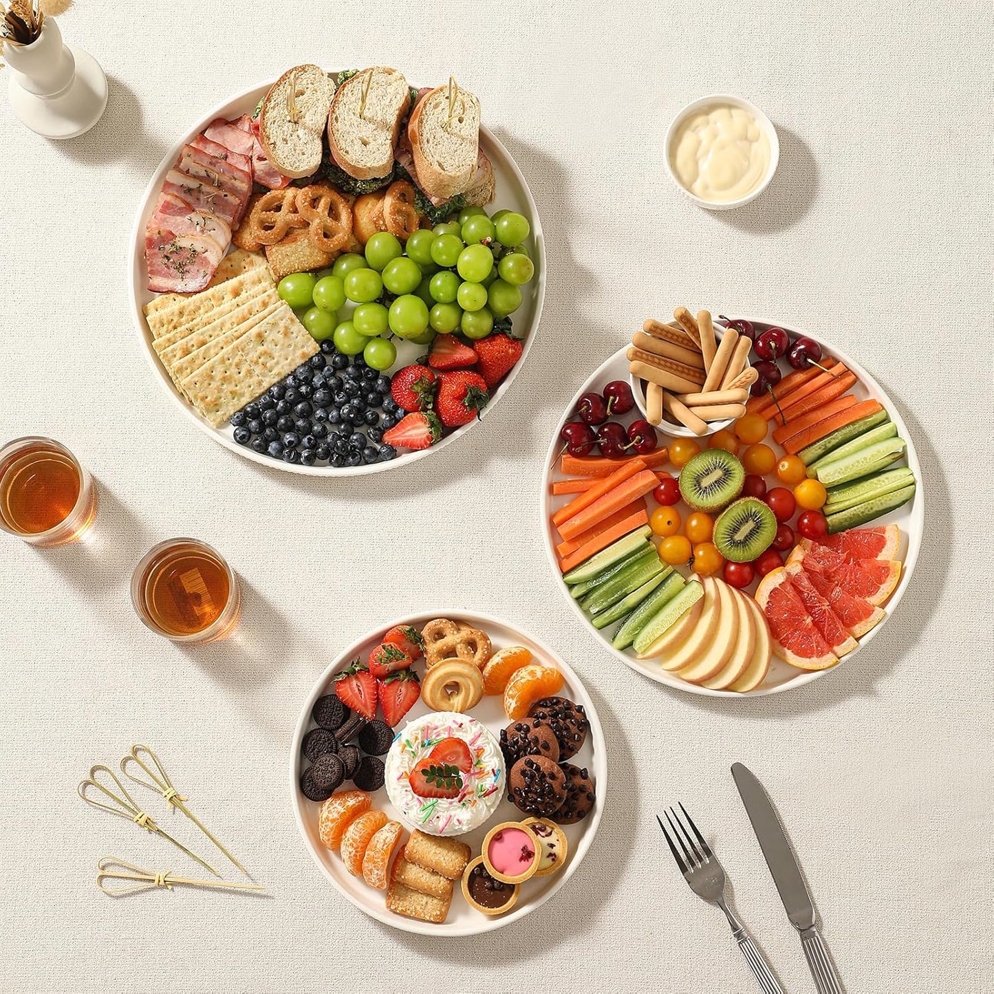 3 Packs Serving Platters, Large Serving Tray, Round Platters for Serving Food, Food Tray for Veggie Fruit Snack Dessert Cheese, White Ceramic Serving Trays for Party, Entertaining, 12.8”/10.8”/8.8”