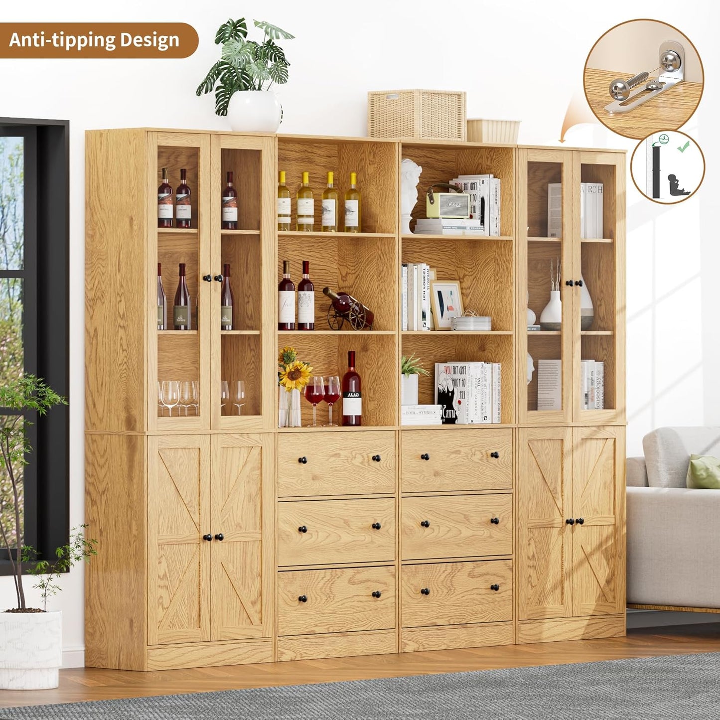 71" Tall Bookshelves Set of 4, 2 Bookcases with Drawers & 2 Bookshelves with Doors, Wooden Bookshelves Floor Standing Display Storage Shelves Home Decor Furniture for Home Office, Living Room