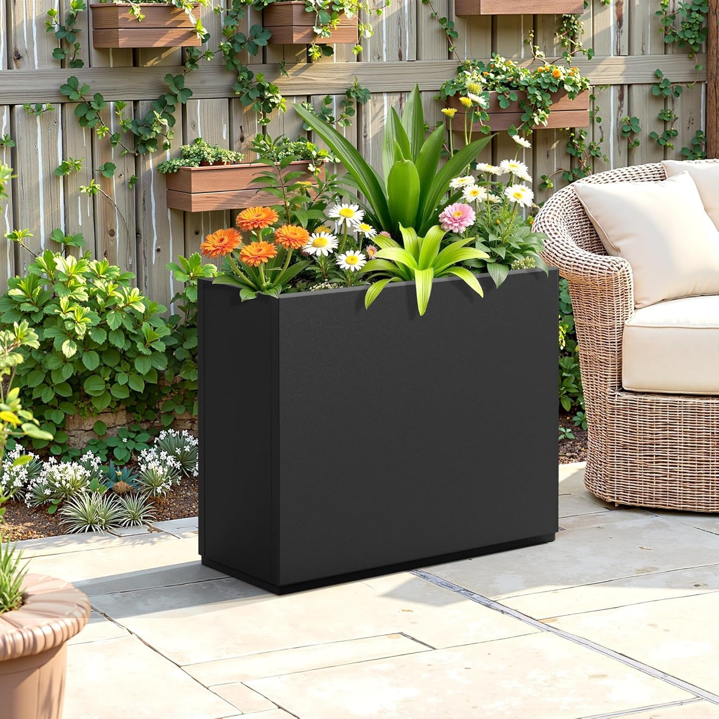 FENCY Metal Planter Box, Large Rectangular Planters for Outdoor Plants, Outdoor Tall Planters with Drainage Holes, Black Metal Planters (30" L x 12" W x 24" H)