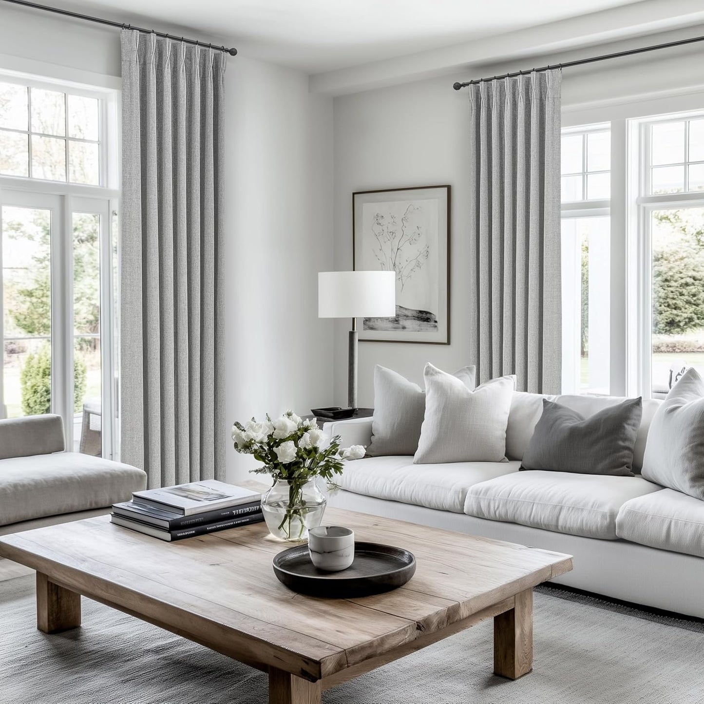 Gray Pinch Pleated 96 Inch Curtains 2 Panel Set for Living Room, Neutral Heavy Linen Blackout Window Drapes Insulated Privacy with Hooks Rings 8 FT Length Sliding Glass Door Viral Burg(40"Wx96"L Grey)